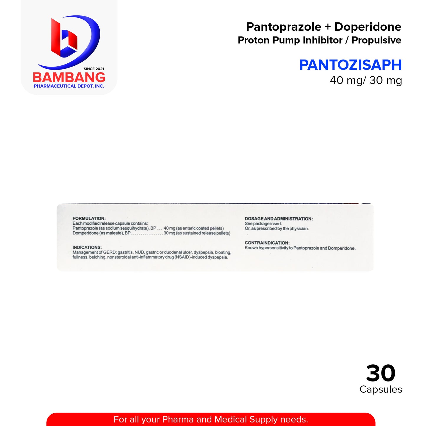 PANTOZISAPH Pantoprazole + Domperidone 40 mg / 30 mg Modified Release Capsule Proton Pump Inhibitor / Propulsive 30 Capsules
