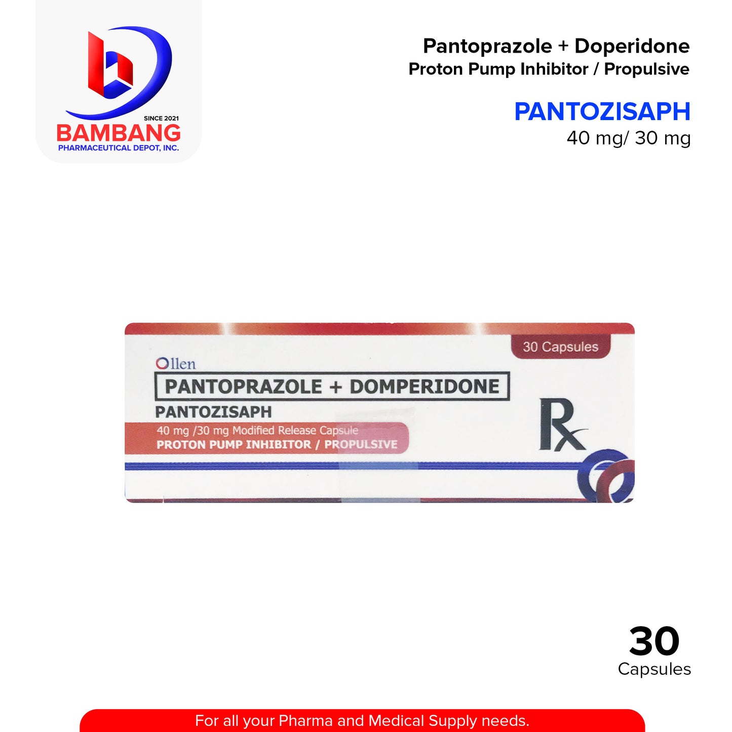 PANTOZISAPH Pantoprazole + Domperidone 40 mg / 30 mg Modified Release Capsule Proton Pump Inhibitor / Propulsive 30 Capsules