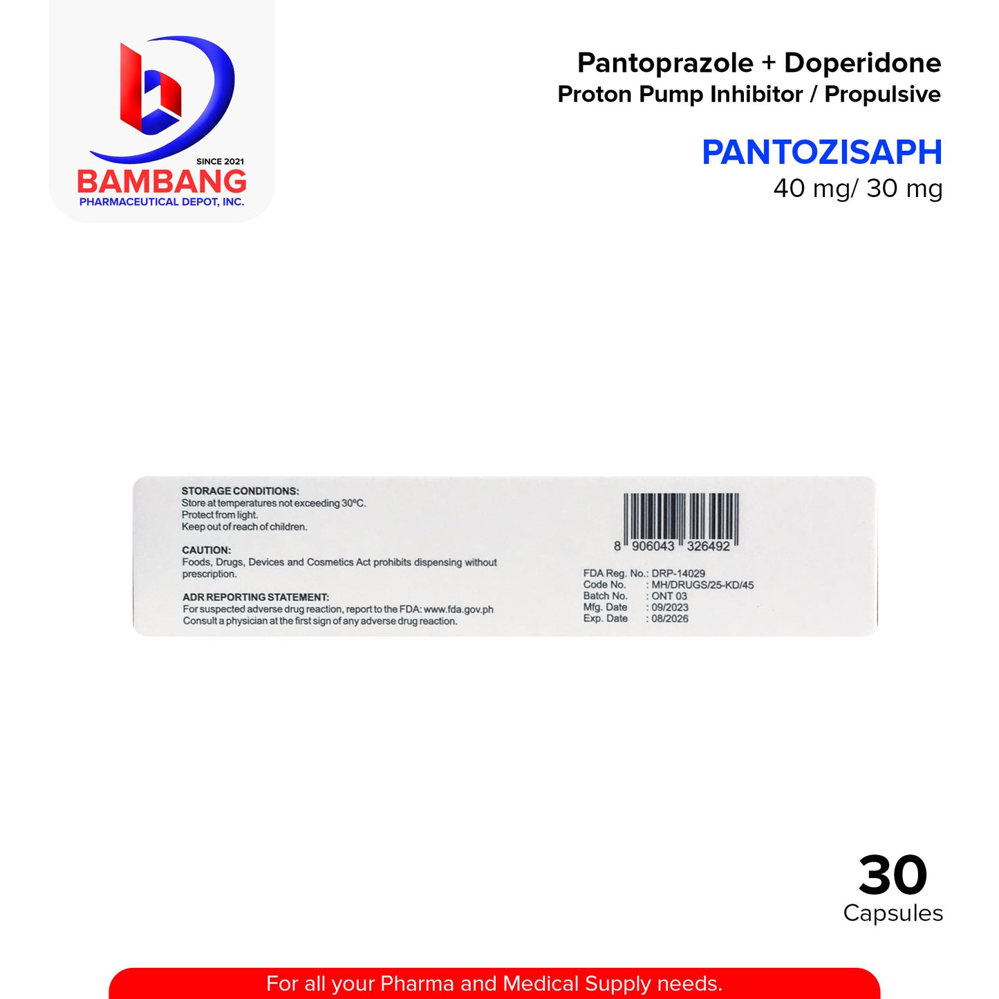PANTOZISAPH Pantoprazole + Domperidone 40 mg / 30 mg Modified Release Capsule Proton Pump Inhibitor / Propulsive 30 Capsules