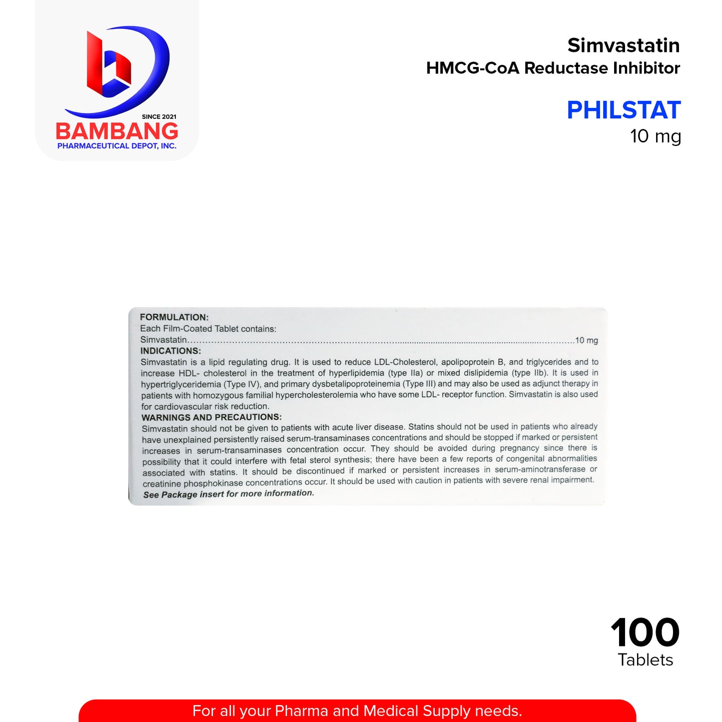 PHILSTAT Simvastatin HMG-CoA Reductase Inhibitor 10mg Film Coated 100 Tablets