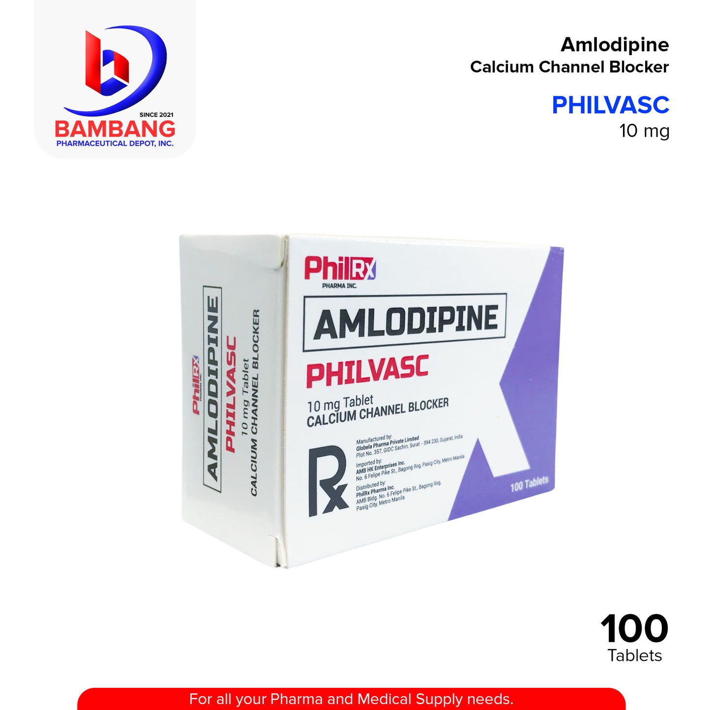 PHILVASC Amlodipine Calcium Channel Blocker 10 mg 100 Tablets