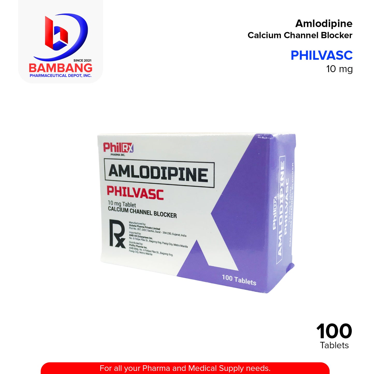 PHILVASC Amlodipine Calcium Channel Blocker 10 mg 100 Tablets