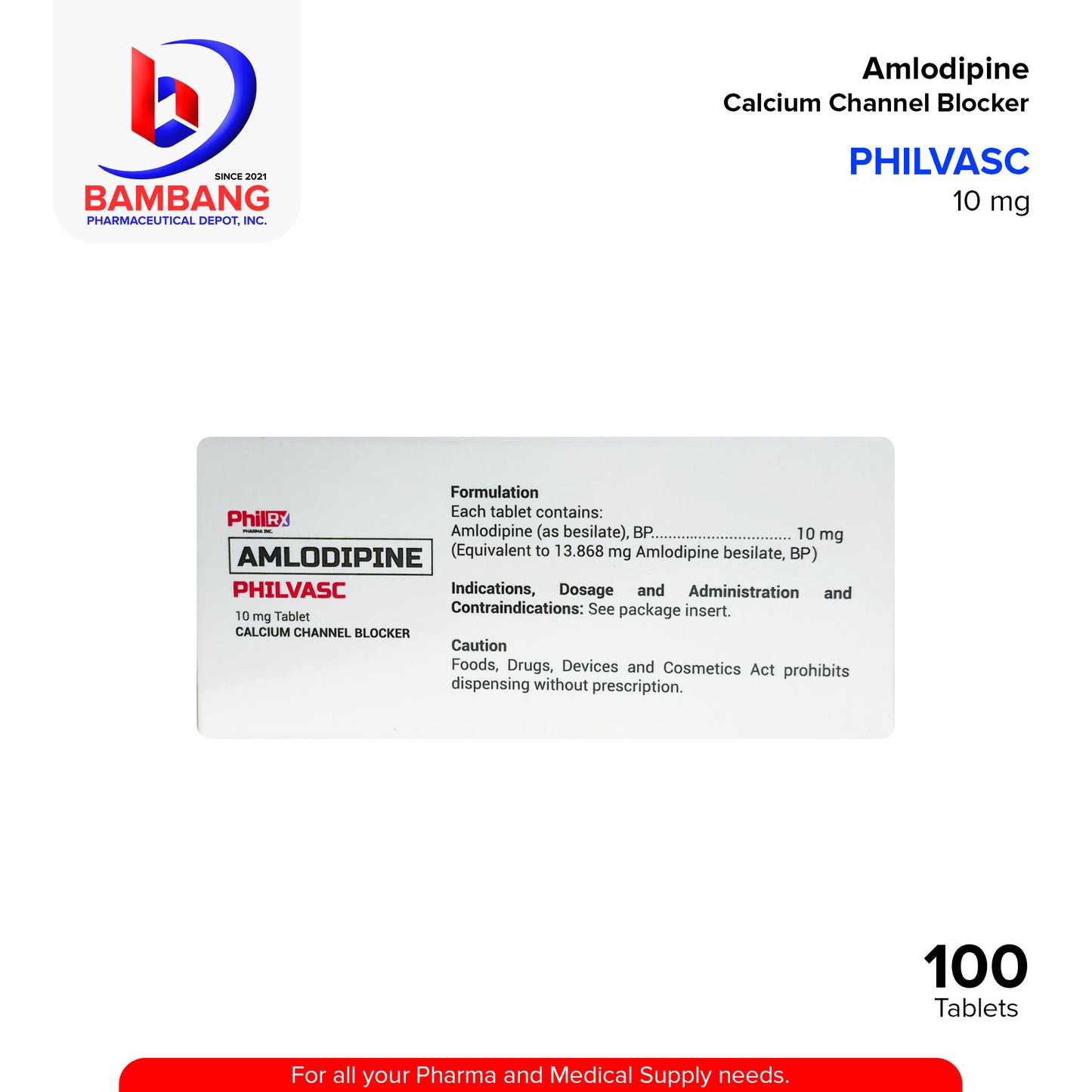 PHILVASC Amlodipine Calcium Channel Blocker 10 mg 100 Tablets