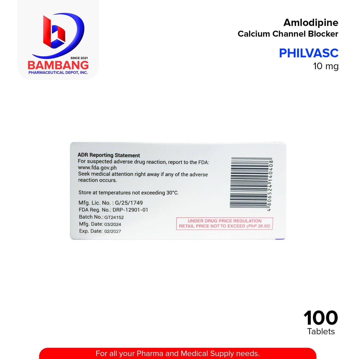 PHILVASC Amlodipine Calcium Channel Blocker 10 mg 100 Tablets