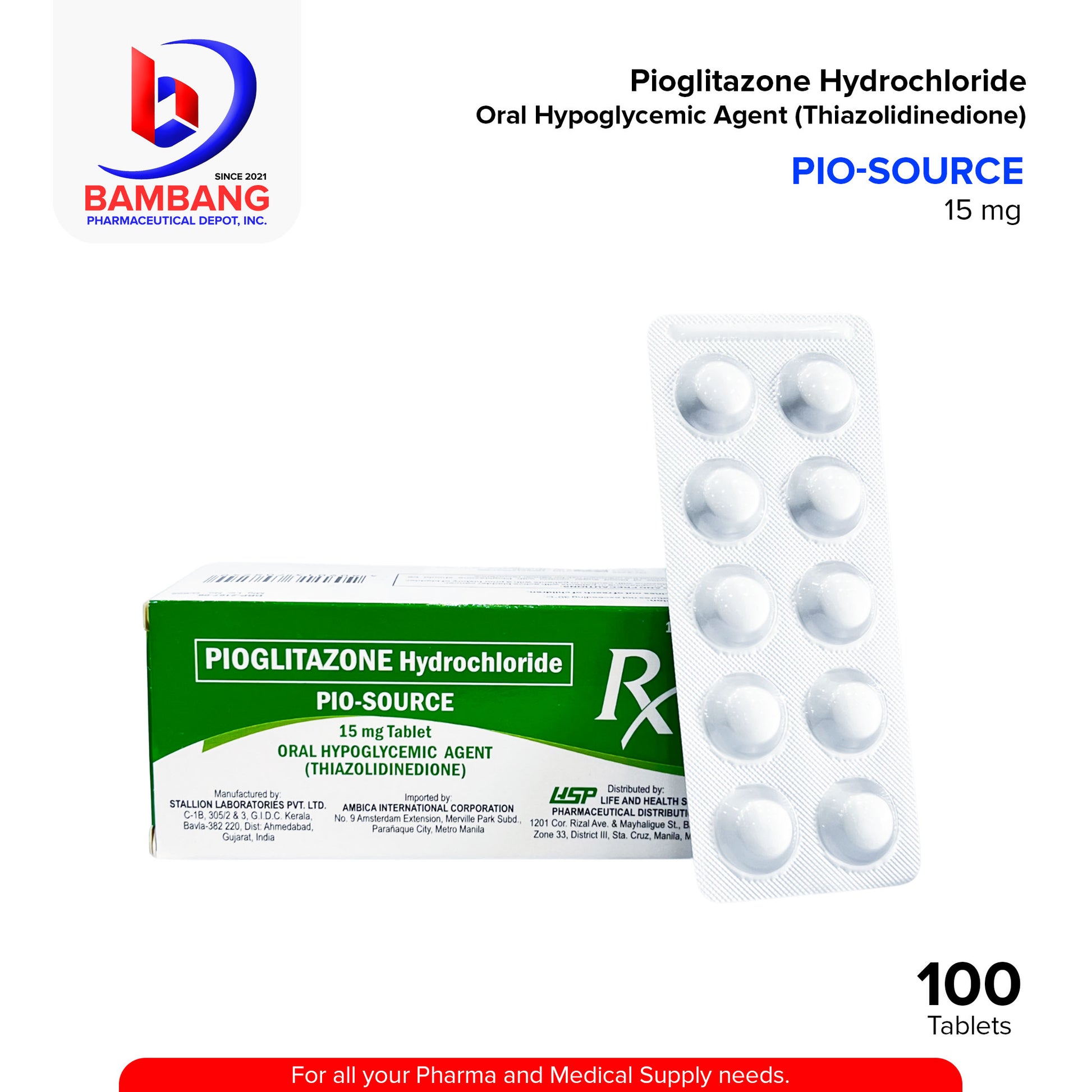 PIO-SOURCE Pioglitazone Hydrochloride Oral Hypoglycemic Agent Thiazolidinedione 15 mg Tablet 100's