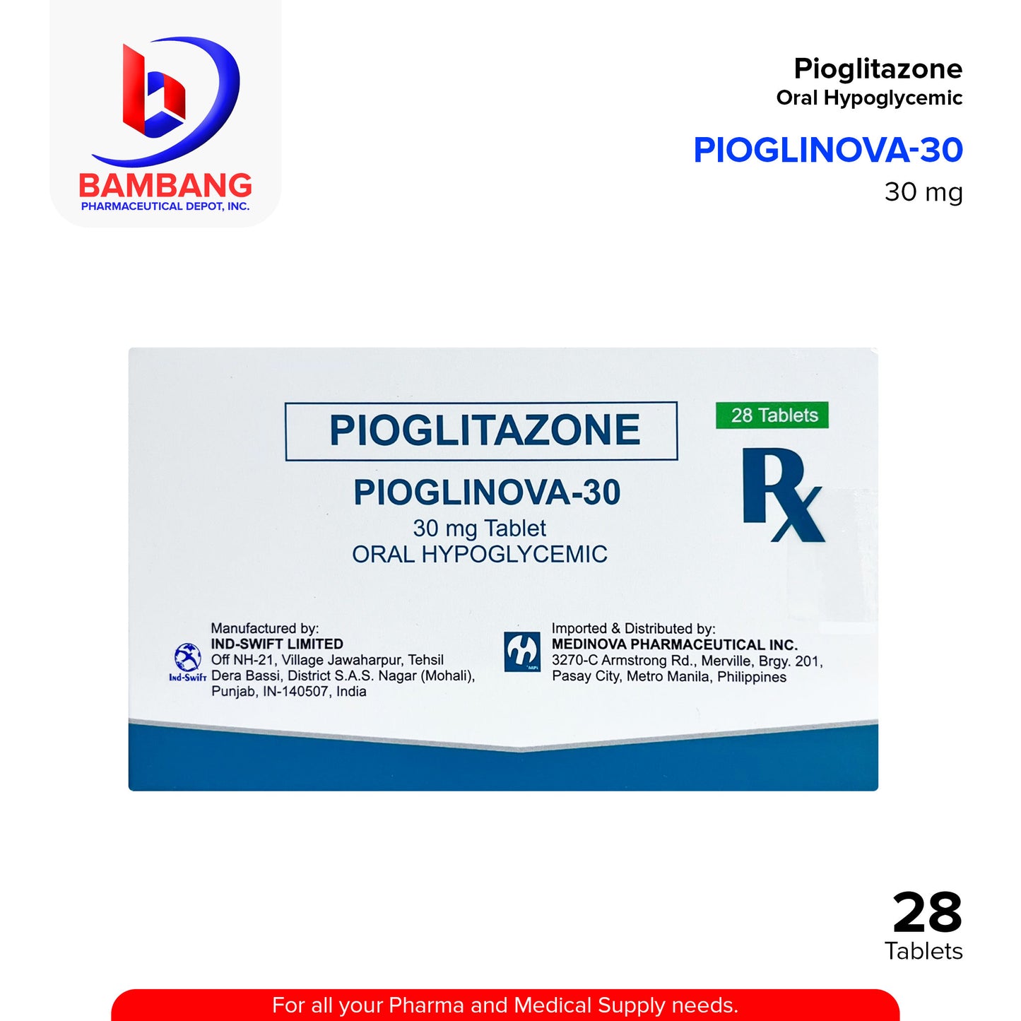 PIOGLINOVA-30 Pioglitazone Oral Hypoglycemic 30 mg Tablet 28's