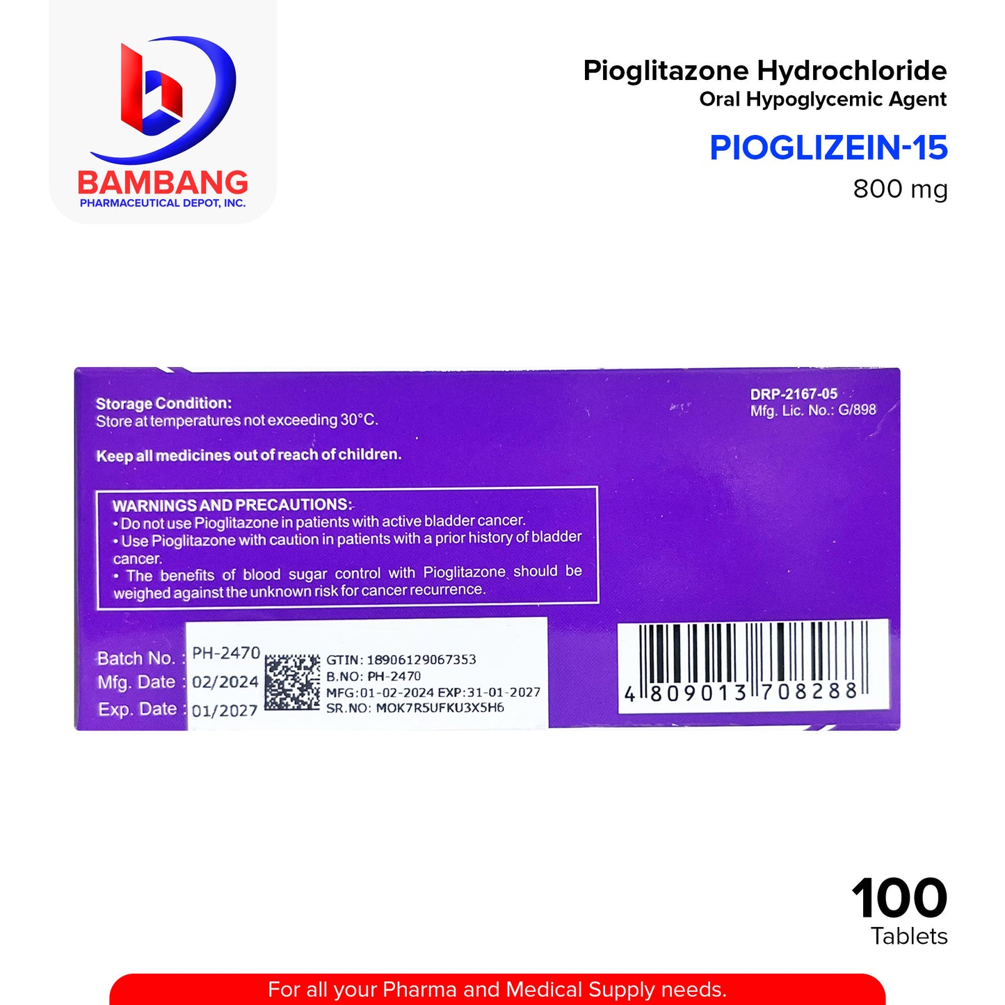 PIOGLIZEIN-15 Pioglitazone Hydrochloride Oral Hypoglycemic Agent Thiazolidinedione 15 mg Tablet 100's