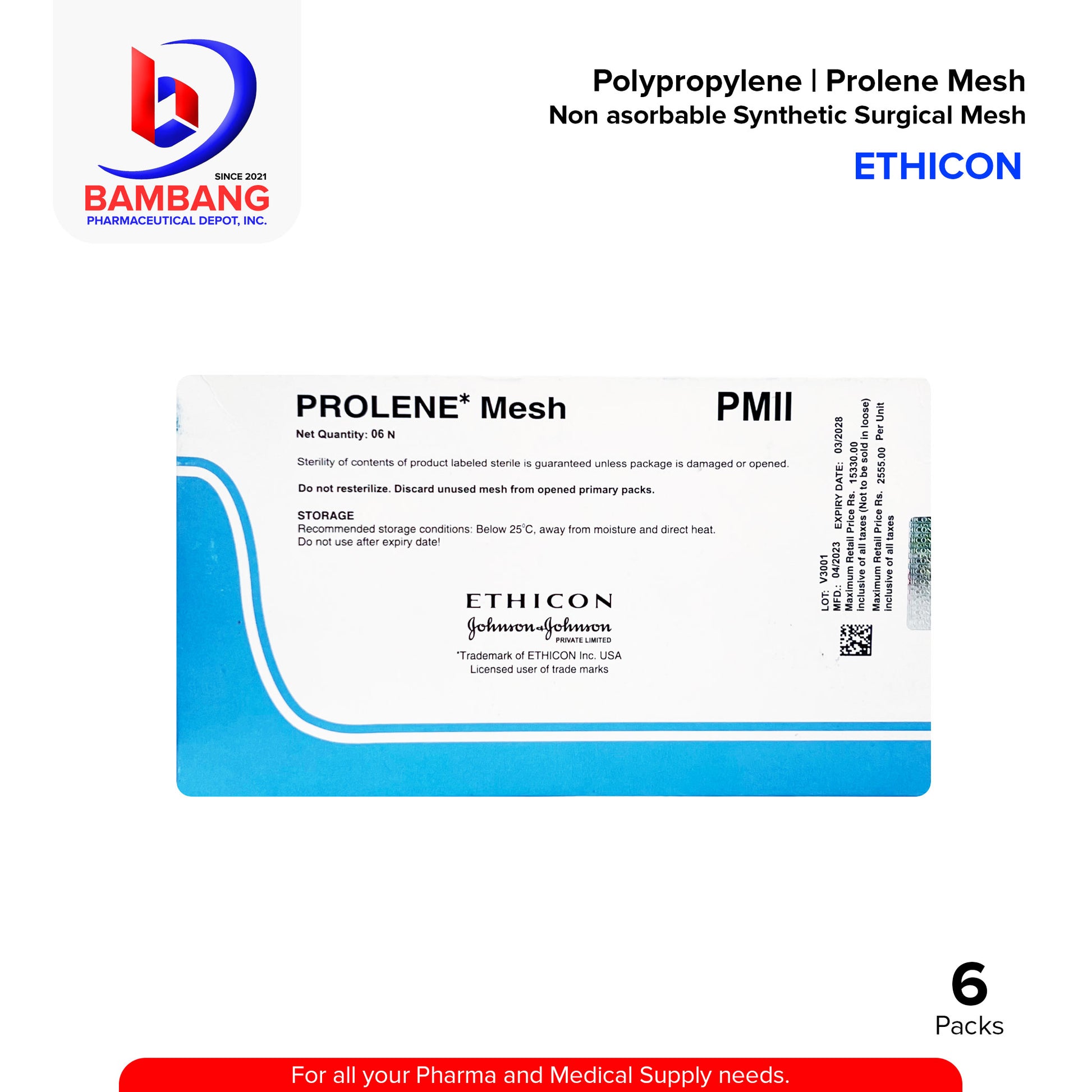 PROLENE* Mesh Polypropylene Nonabsorbable Synthetic Surgical Mesh 7.6 cm x 15 cm Pack 6's