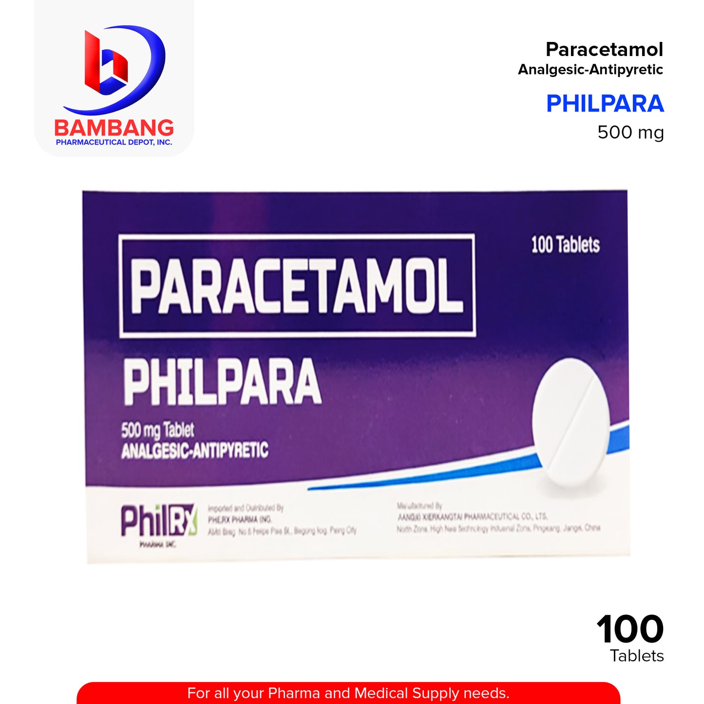 PHILPARA Paracetamol 500mg Analgesic Tablets 100's