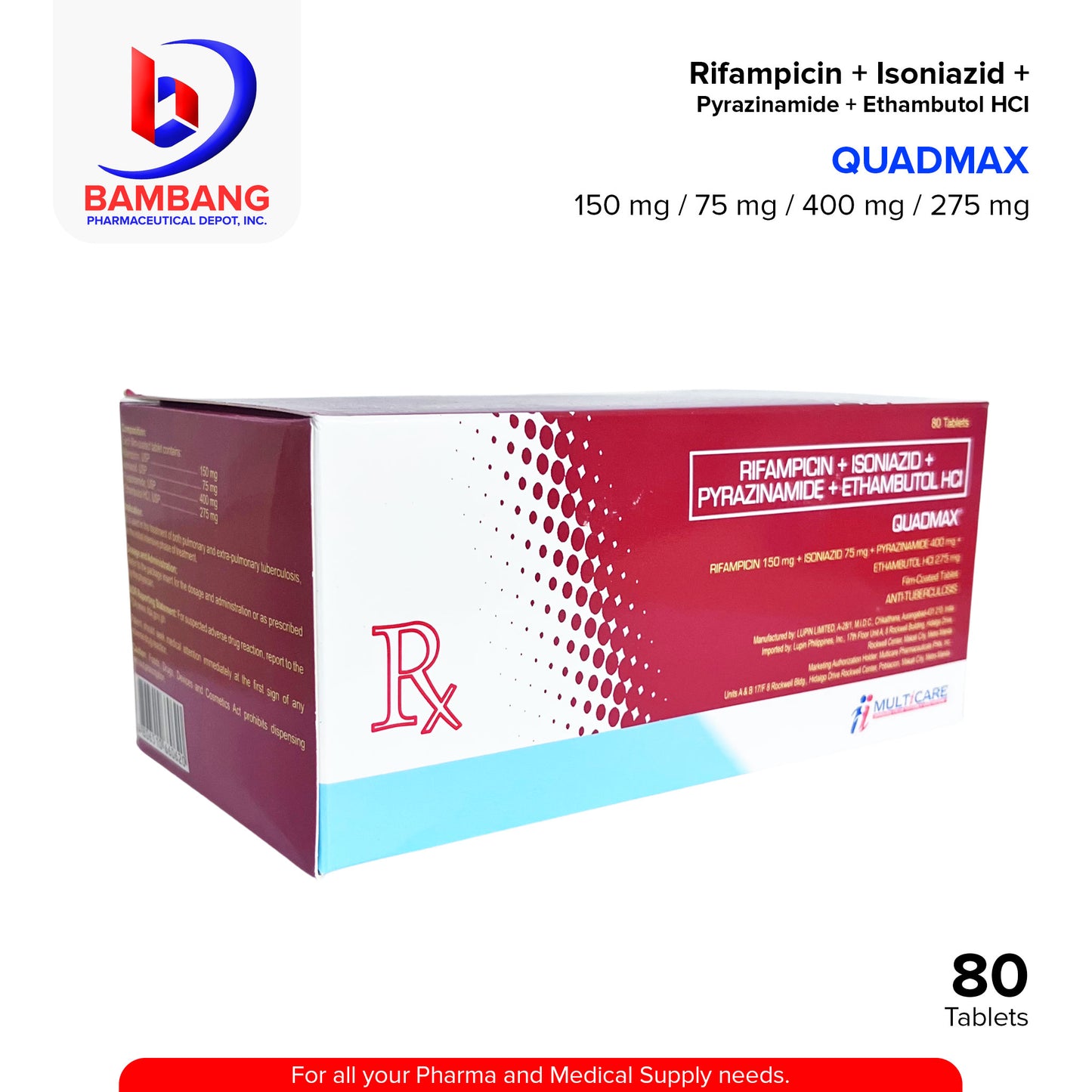 QUADMAX Rifampicin 150mg + Isoniazid 75mg + Pyrazinamide 400mg + Ethambutol HCI 275mg Tablet 80's
