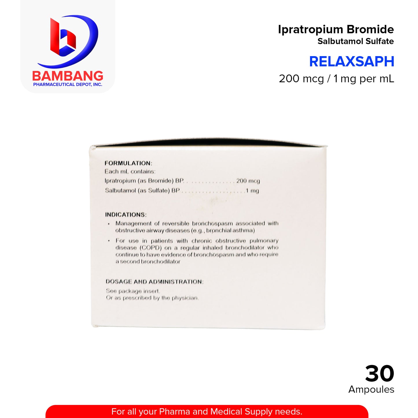 RELAXSAPH Ipratropium Bromide Salbutamol Sulfate 200 mcg/1 mg per ml (500mcg/2.5mg per 2.5ml) 25 ml Ampoules 30's