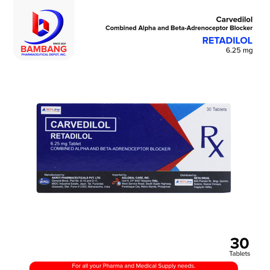 RETADILOL Carvedilol Combined Alpha and Beta Adrenoceptor Blocker 6.25mg Tablet 30's