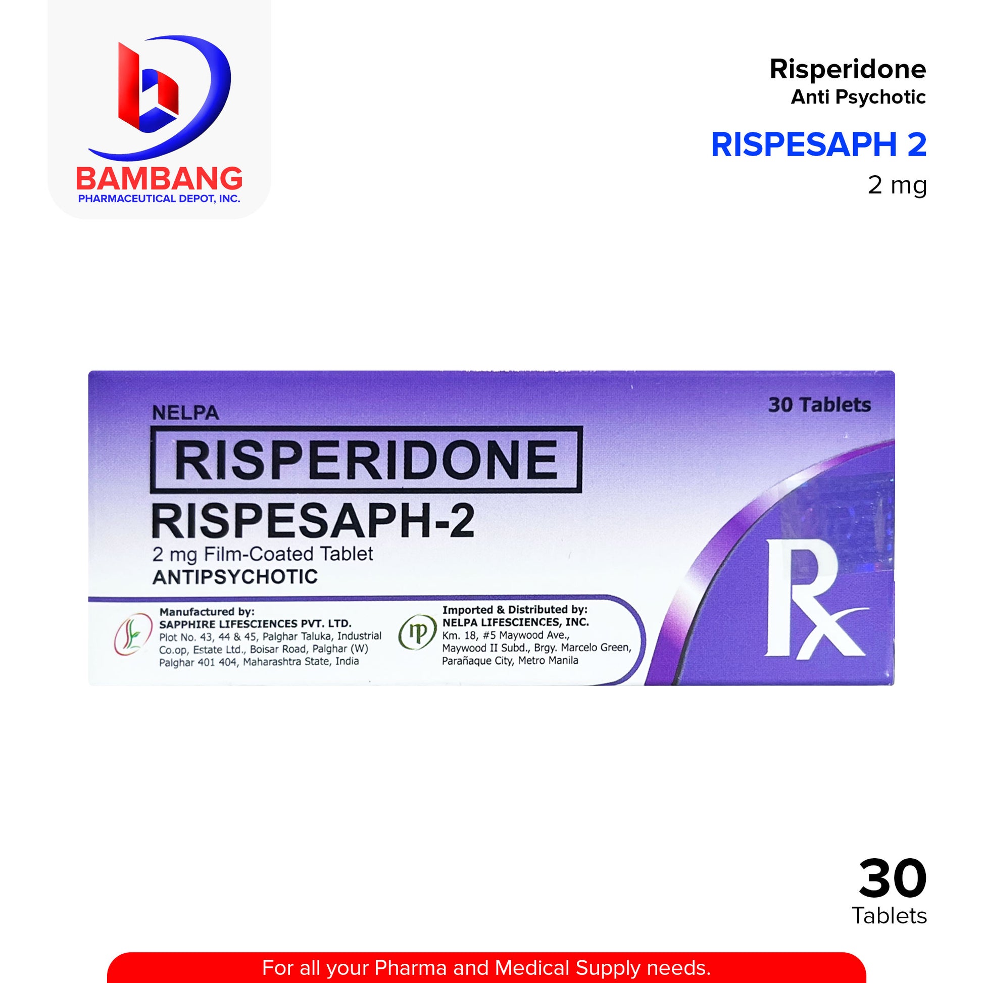 RISPESAPH 2 Risperidone 2mg Anti Psychotic Film Coated Tablet 30's