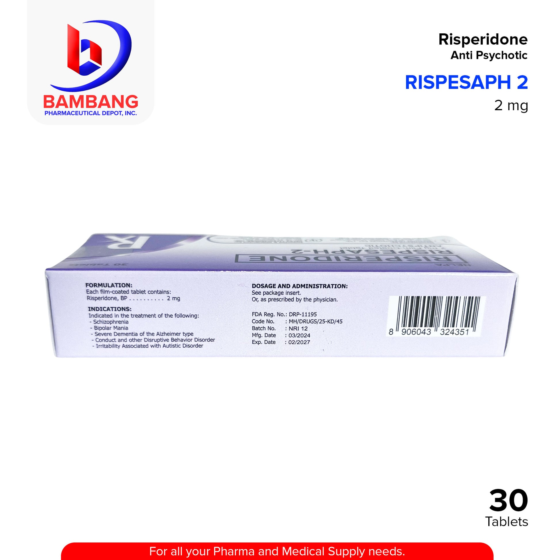 RISPESAPH 2 Risperidone 2mg Anti Psychotic Film Coated Tablet 30's