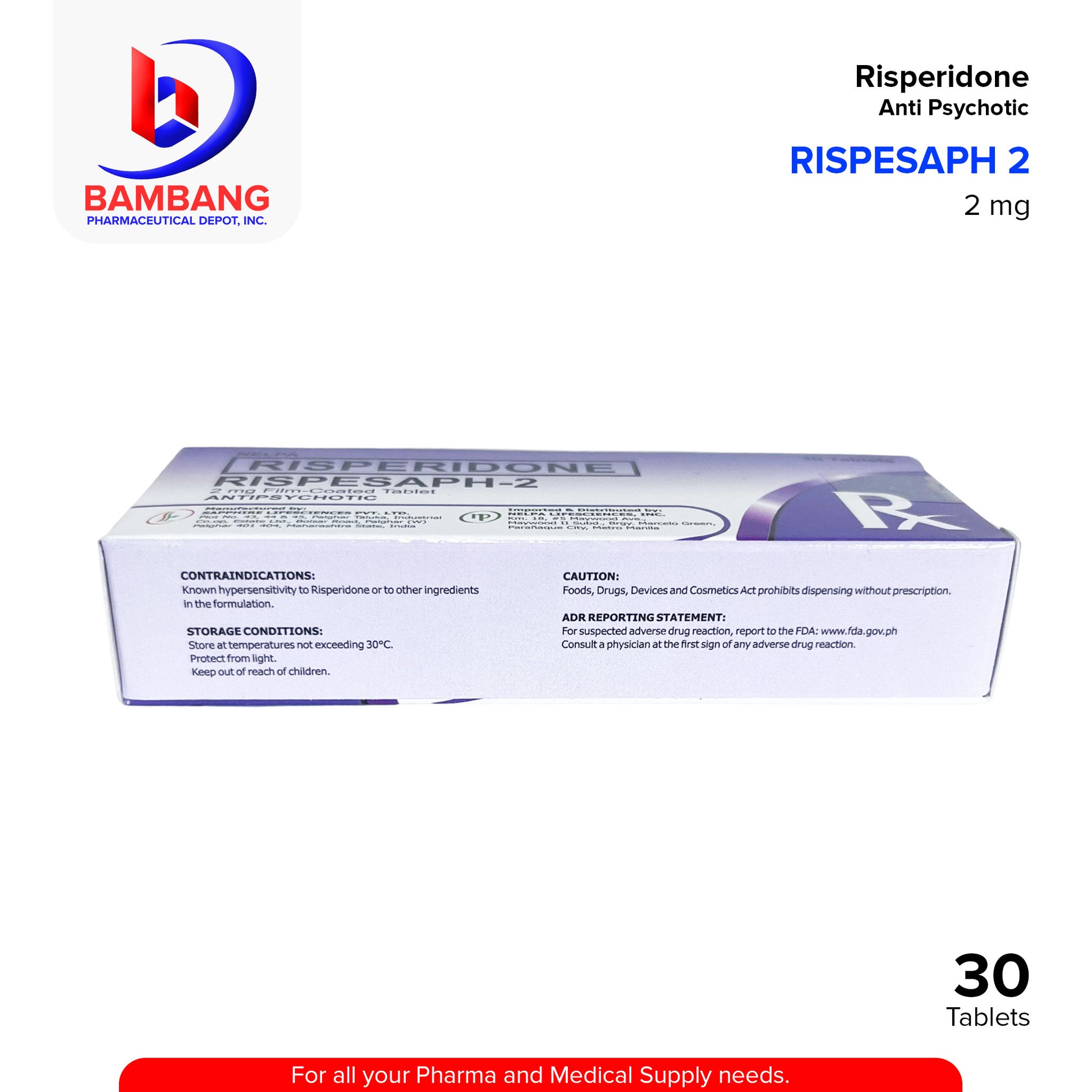 RISPESAPH 2 Risperidone 2mg Anti Psychotic Film Coated Tablet 30's