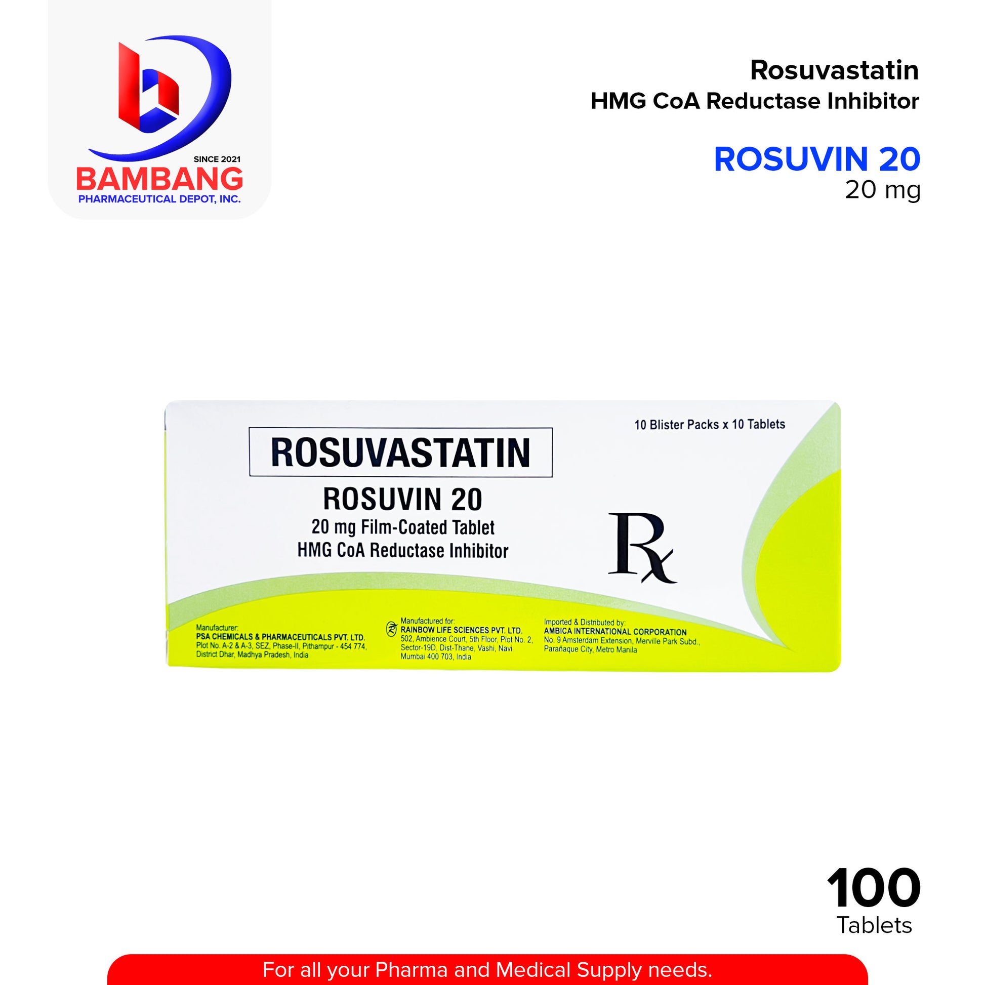 ROSUVIN 20 Rosuvastatin HMG CoA Reductase Inhibitor 20 mg Tablet 100's