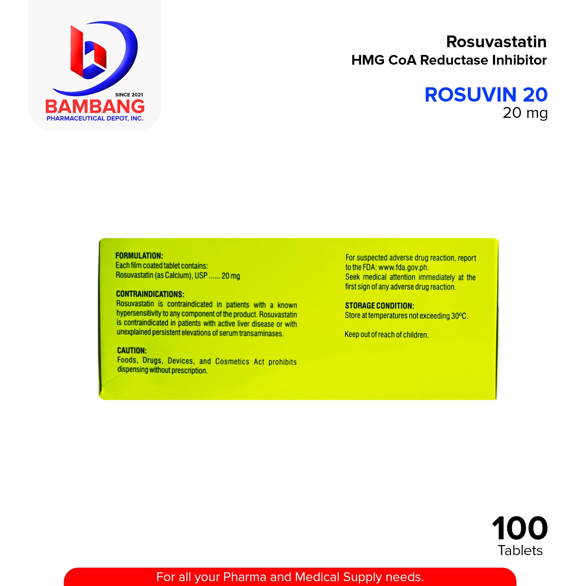 ROSUVIN 20 Rosuvastatin HMG CoA Reductase Inhibitor 20 mg Tablet 100's