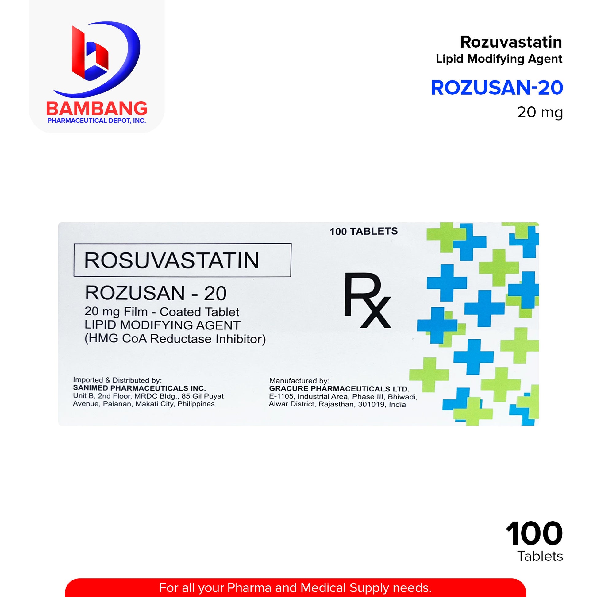 ROZUSAN-20 Rosuvastatin Lipid Modifying Agent 20 mg Film Coated Tablet 100's