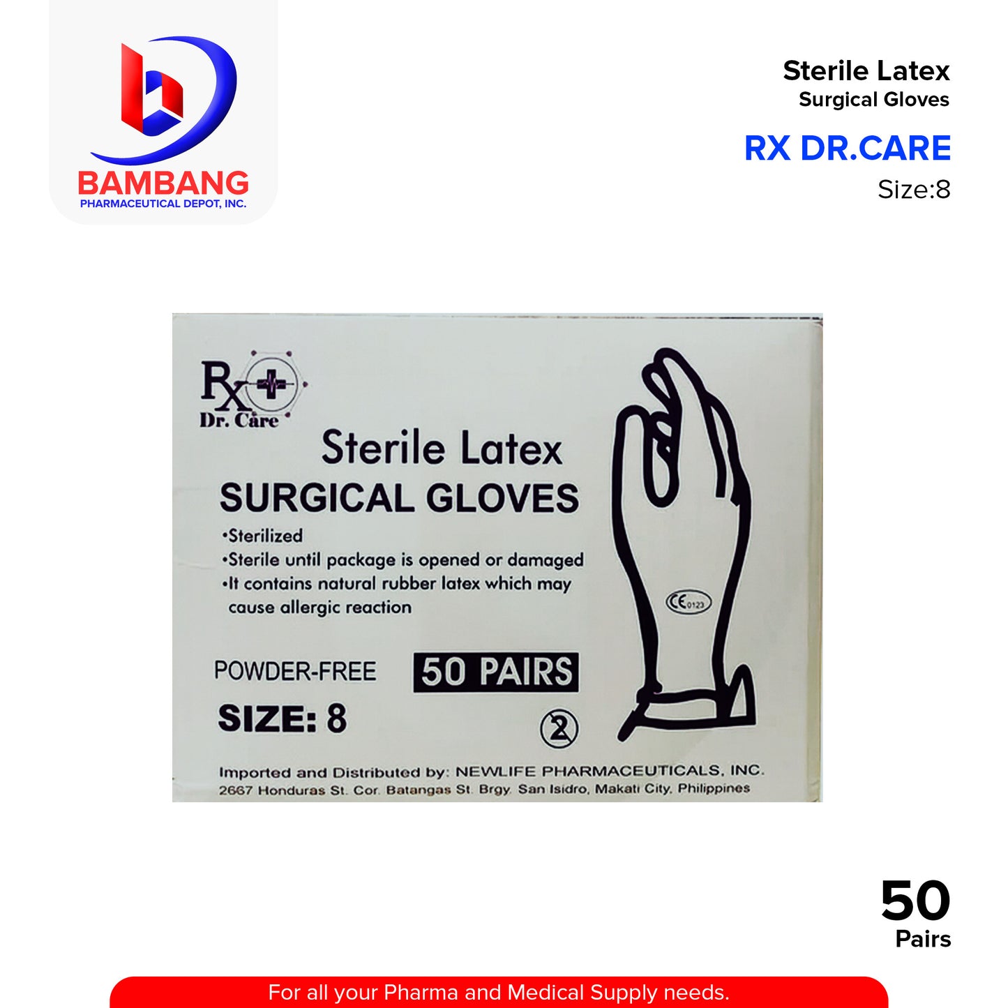 DR.CARE Surgical Gloves Sterile Latex Powder Free Size 8 Pairs 50's