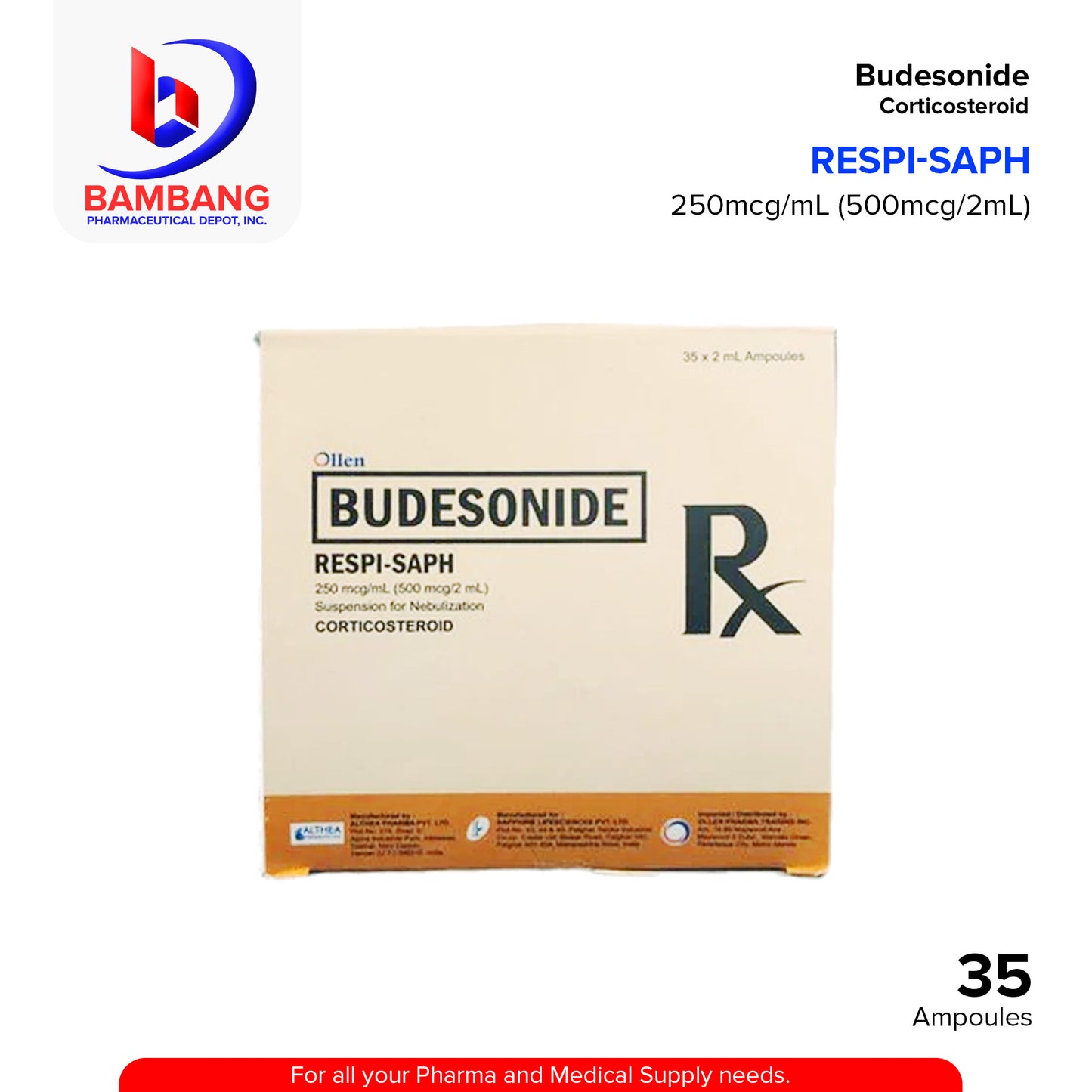 RESPI-SAPH Budesonide 250mcg/ml (500mcg/2ml) SUS CORTICOSTEROID 36x2ml AMP