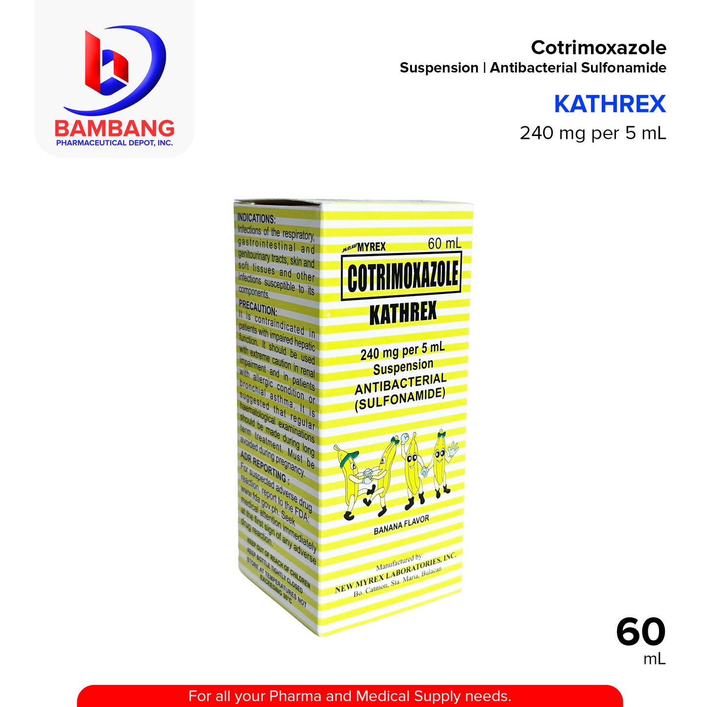 KATHREX Cotrimoxazole 240 mg per 5 ml Suspension Antibacterial Sulfonamide 60mL
