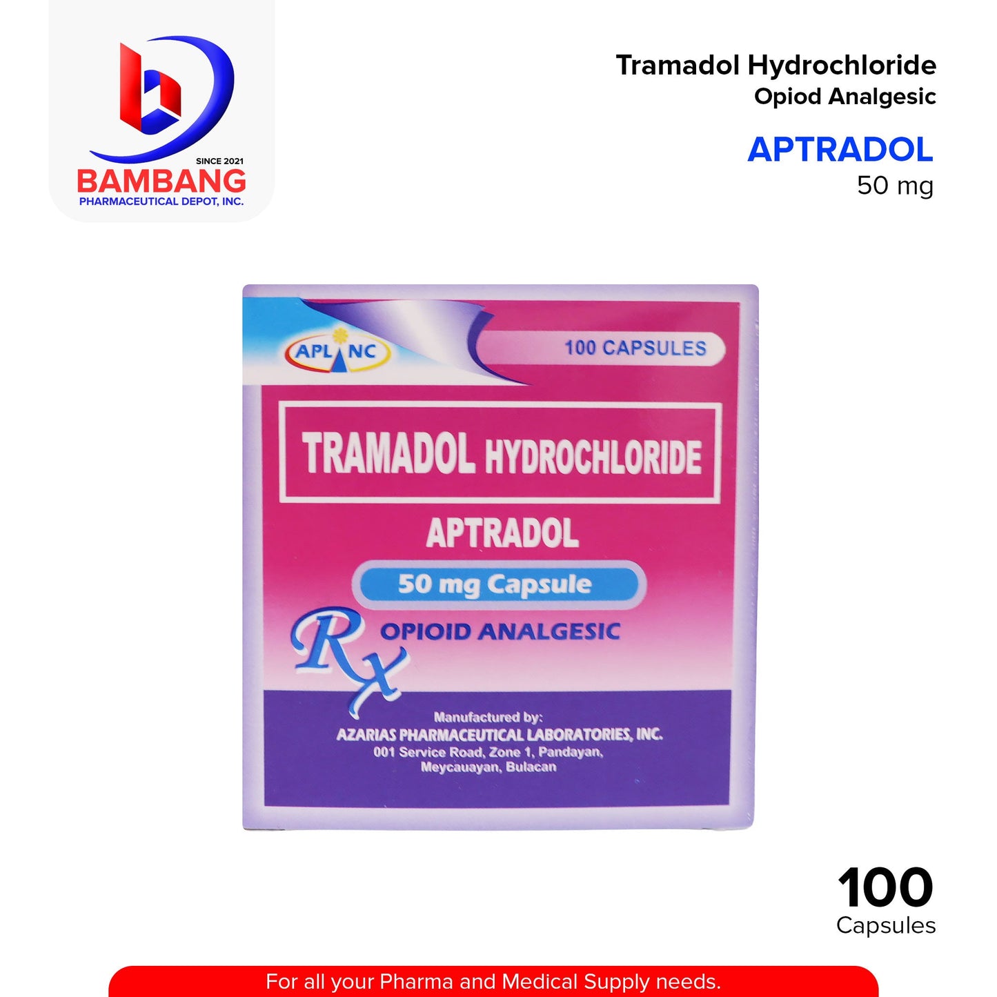 APTRADOL Tramadol Hydrochloride 50mg Opioid Analgesic Capsule 100's