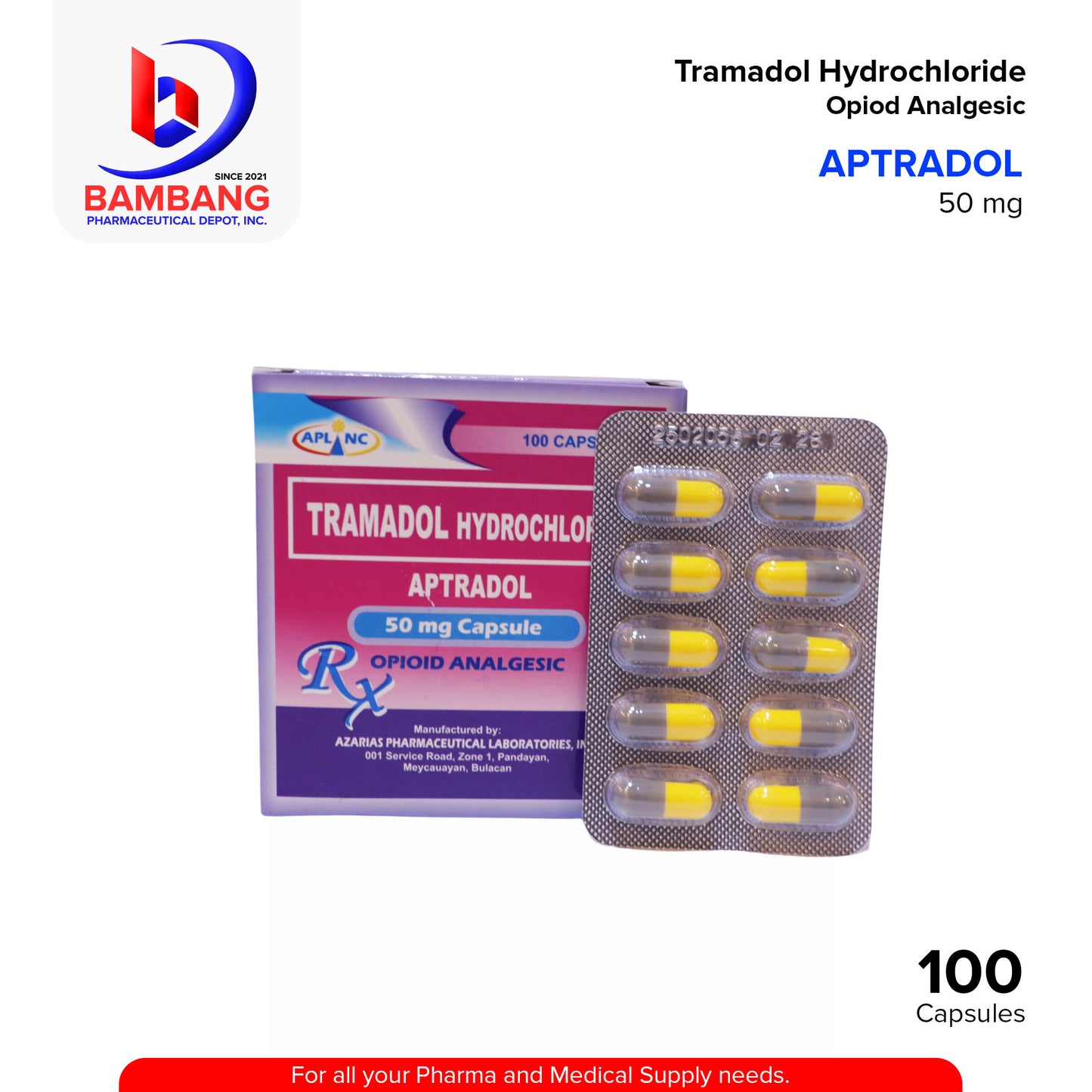 APTRADOL Tramadol Hydrochloride 50mg Opioid Analgesic Capsule 100's
