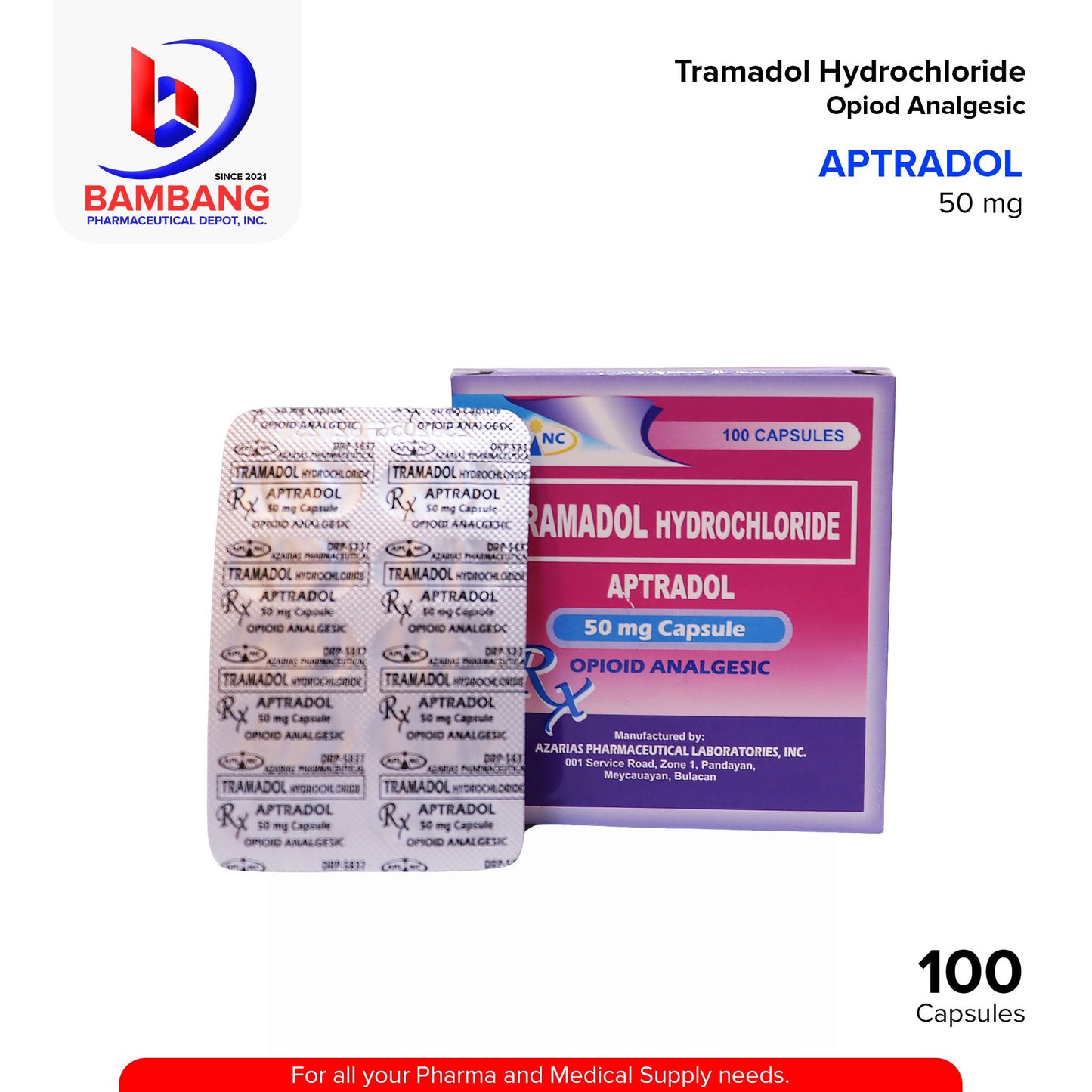APTRADOL Tramadol Hydrochloride 50mg Opioid Analgesic Capsule 100's