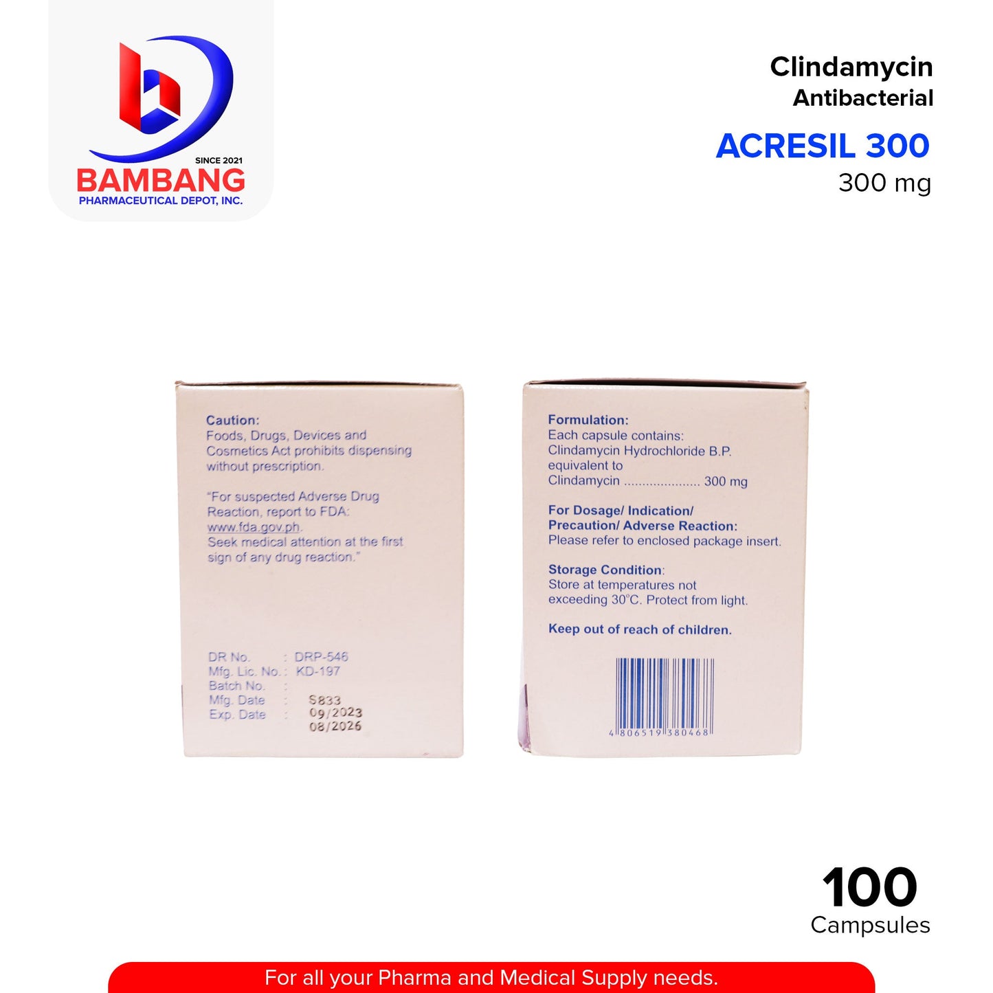 ACRESIL 300 Clindamycin 300mg Antibacterial Capsule 100's