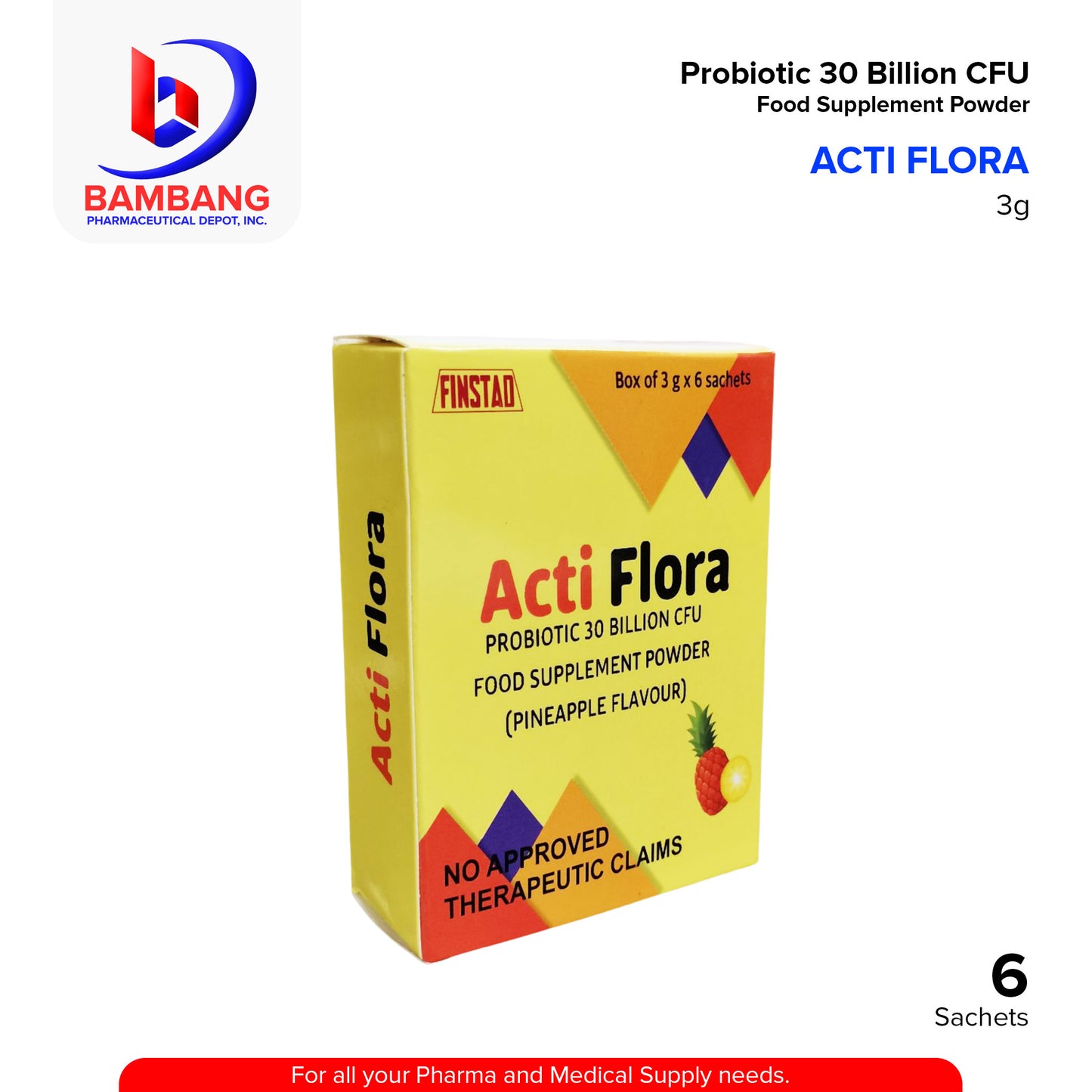 ACTI FLORA Probiotic 30 Billion CFU Food Supplement Pineapple Flavor 3g Sachet 6's