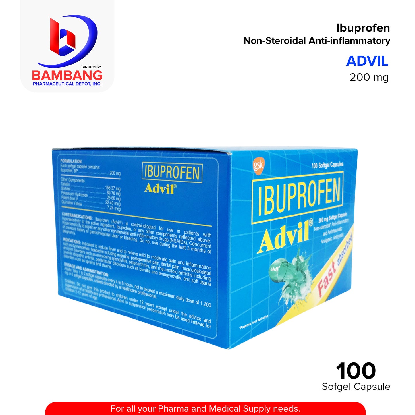 ADVIL Ibuprofen 200mg Non-Steroidal Anti-Inflammatory and Antirheumatic Analgesic Antipyretic Soft Gel Capsule 100's