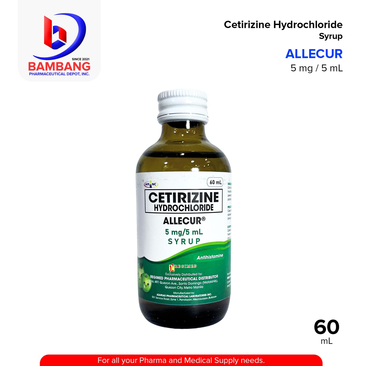 ALLECUR Cetirizine Hydrochloride Syrup 5 mg / 5 mL 60mL