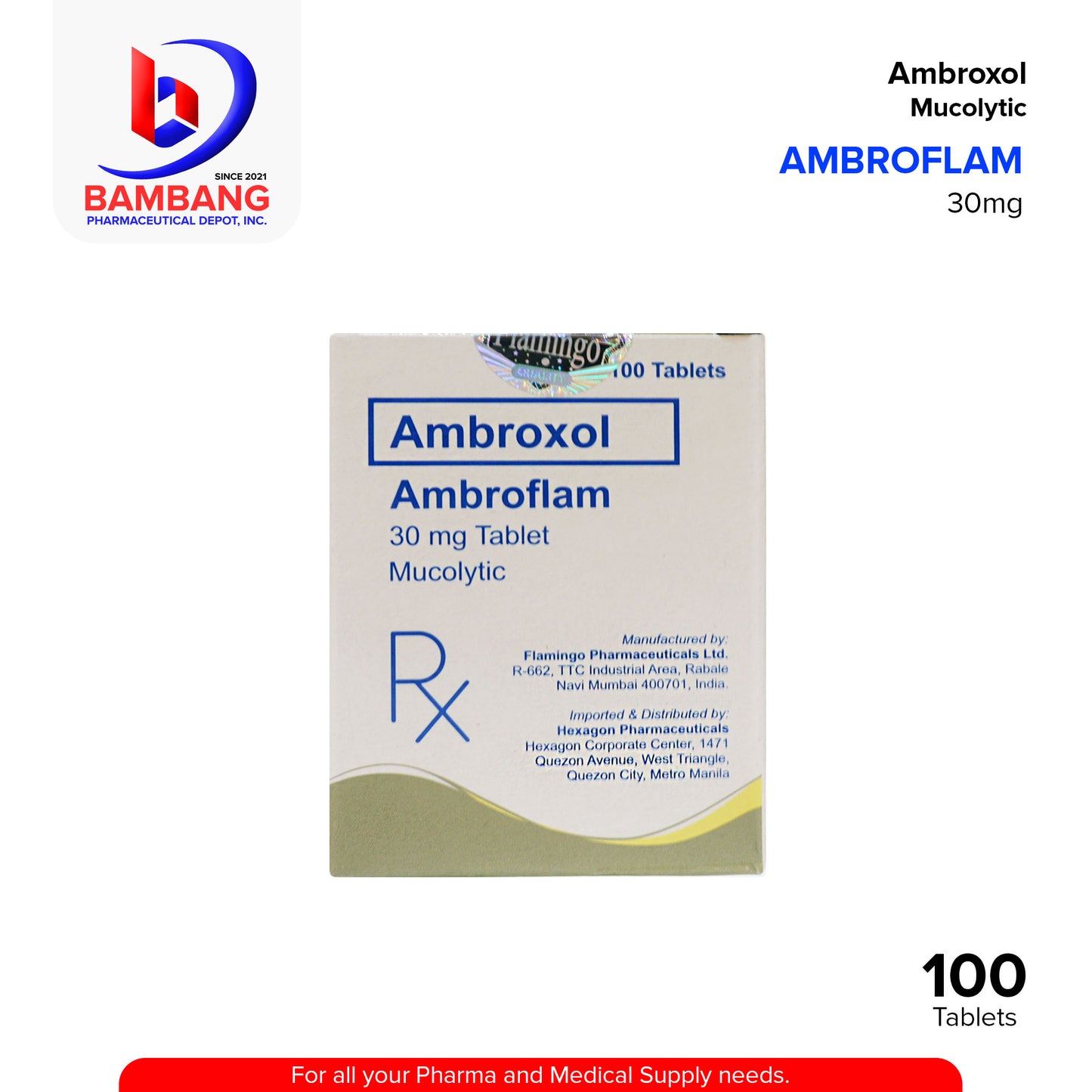 AMBROFLAM Ambroxol 30mg Mucolytic Tablets 100's