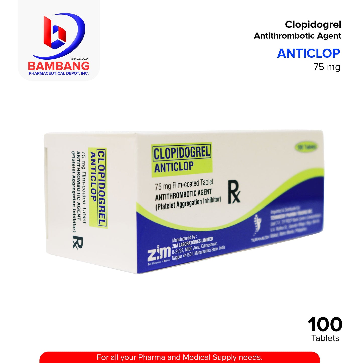 ANTICLOP Clopidogrel Antithrombotic Agent 75mg Film Coated Tablet 100's