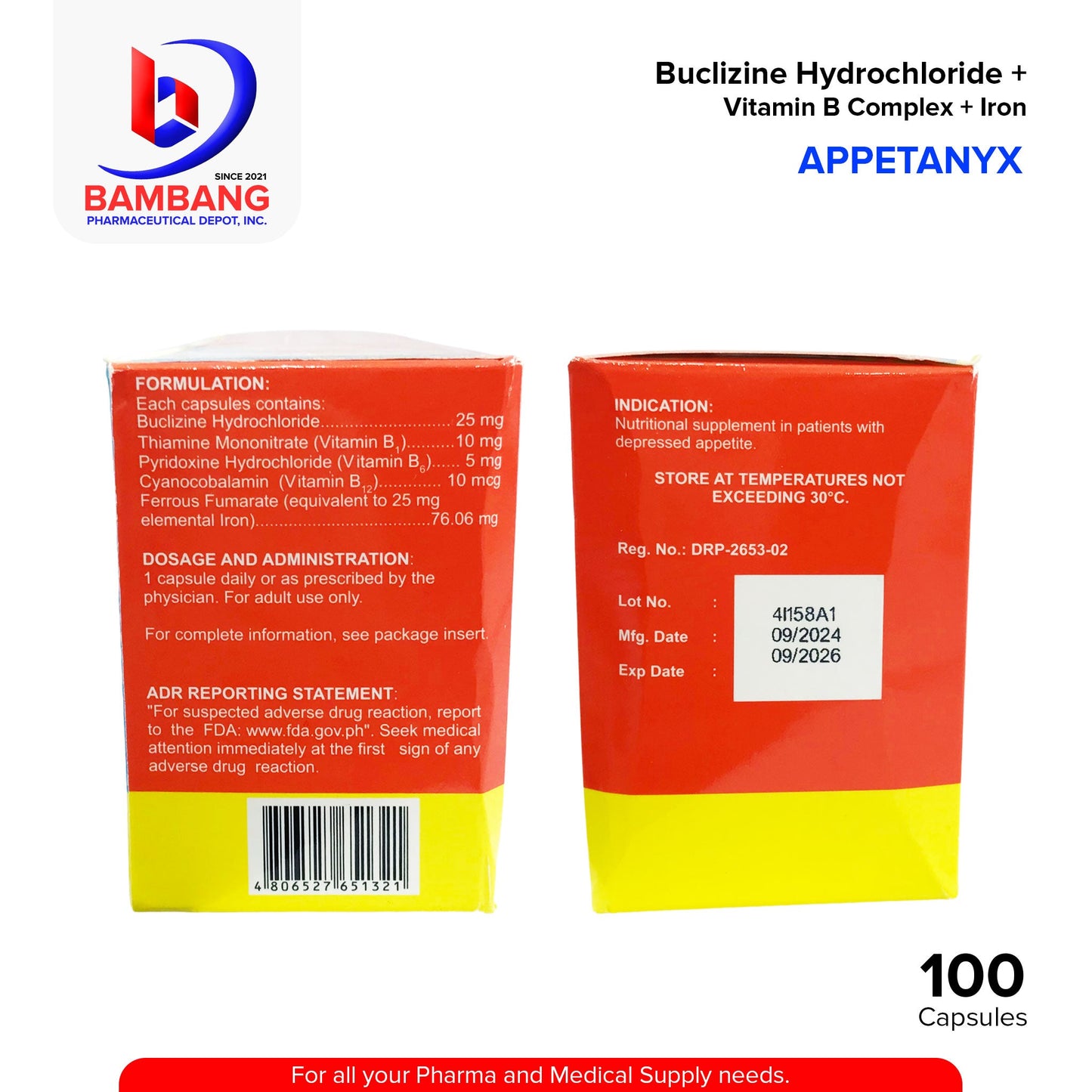 APPETANYX Buclizine Hydrochloride + Vitamin B Complex + Iron Capsule 100's