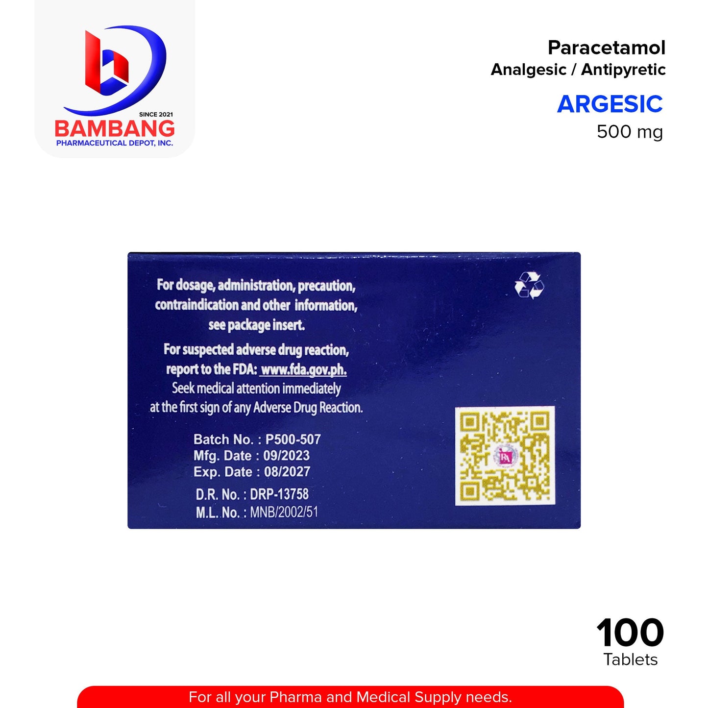 ARGESIC Paracetamol Analgesic / Antipyretic 500 mg Tablet 100's
