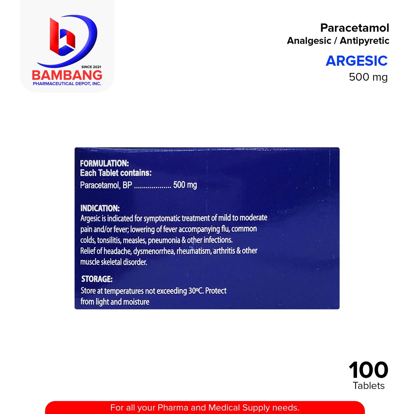 ARGESIC Paracetamol Analgesic / Antipyretic 500 mg Tablet 100's