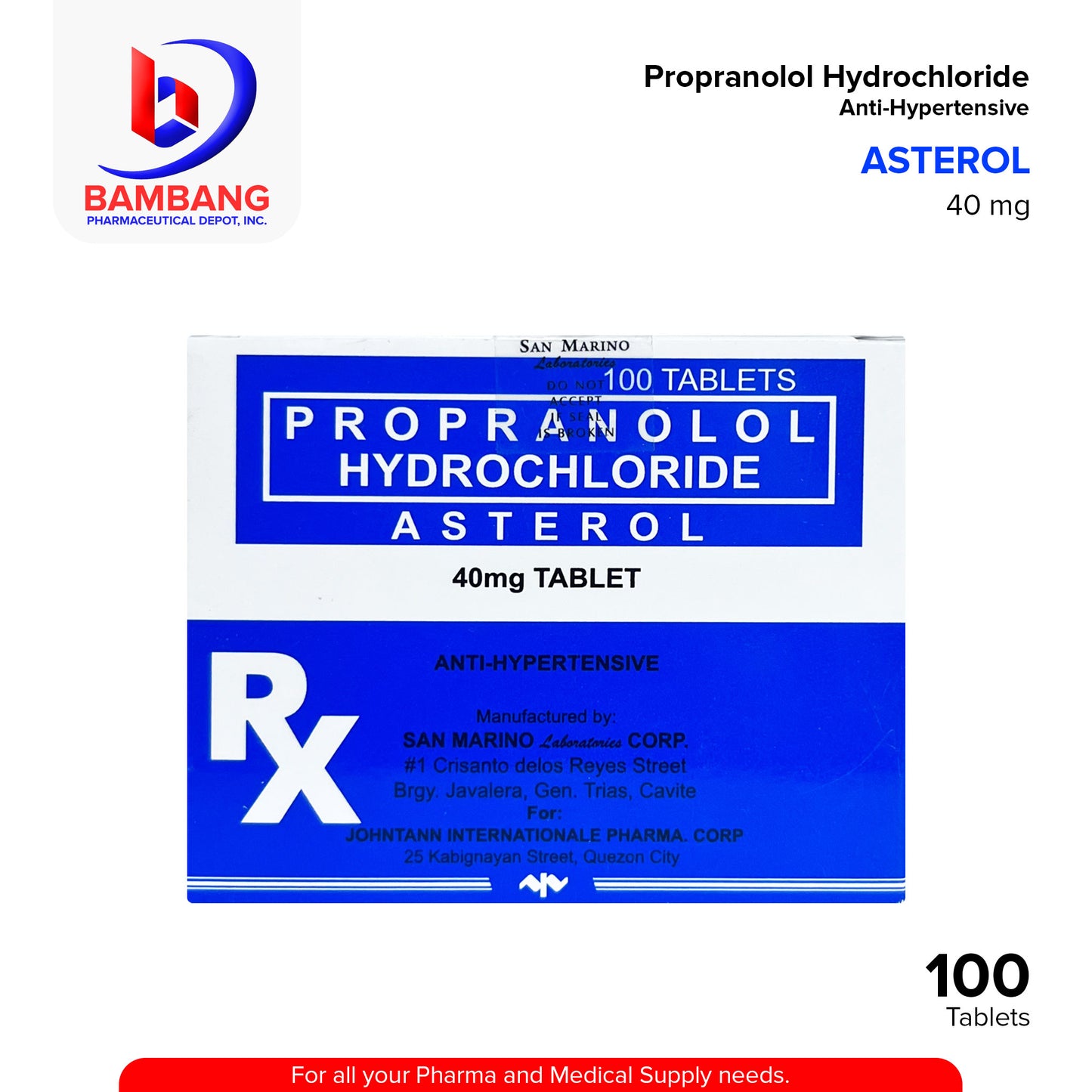 ASTEROL Propranolol Hydrochloride 40mg Tablet 100's
