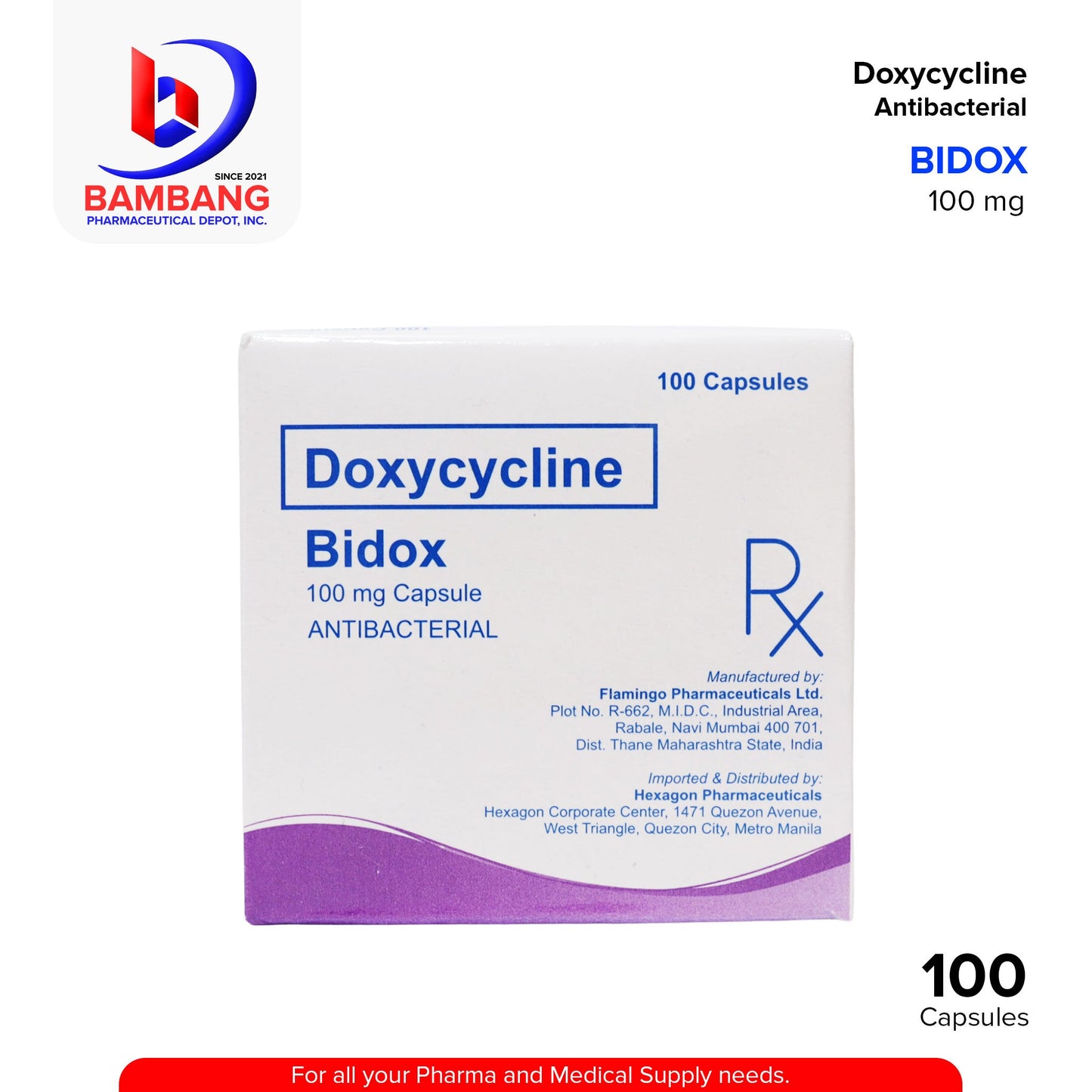 BIDOX Doxycyline Antibacterial 100 mg Capsule 100's