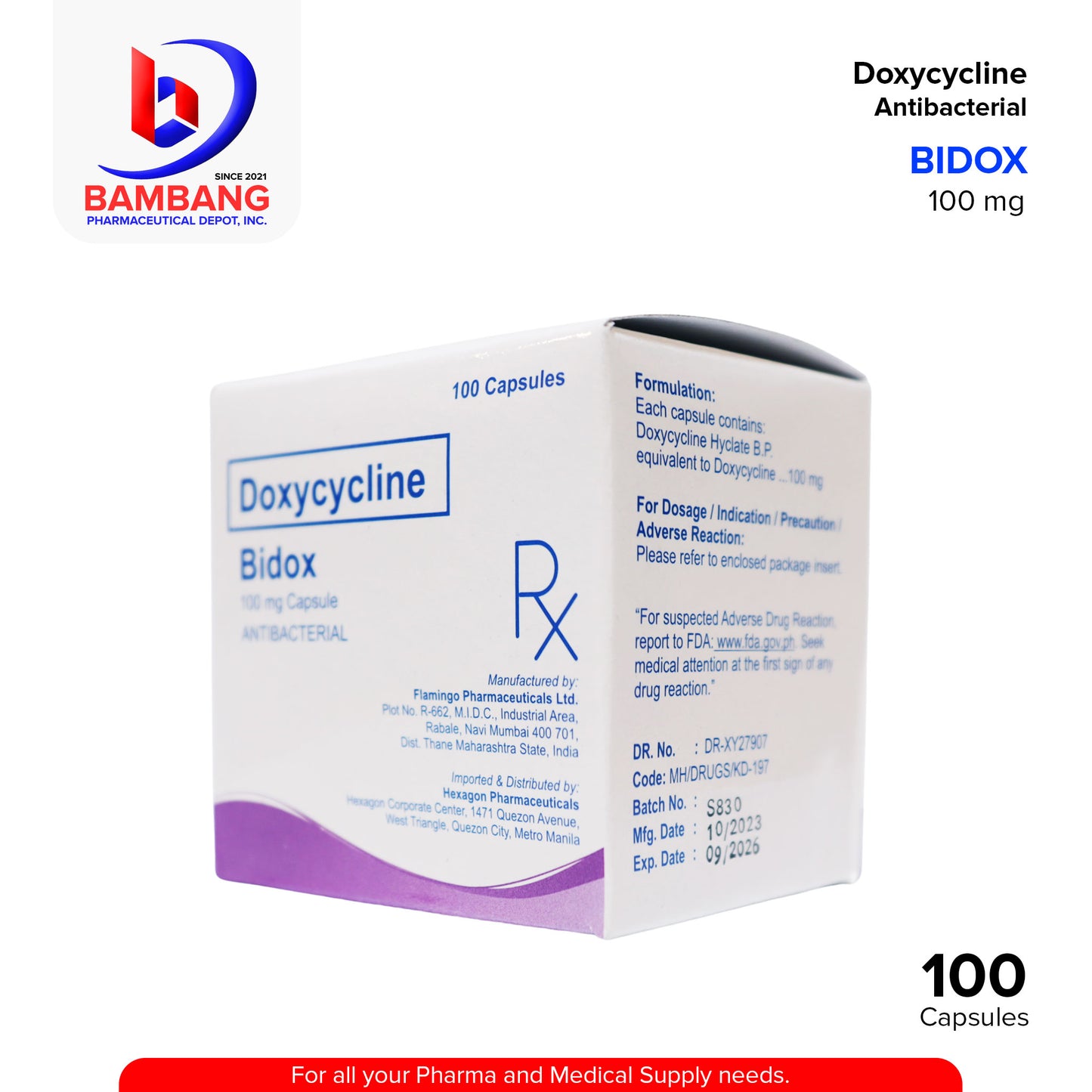 BIDOX Doxycyline Antibacterial 100 mg Capsule 100's
