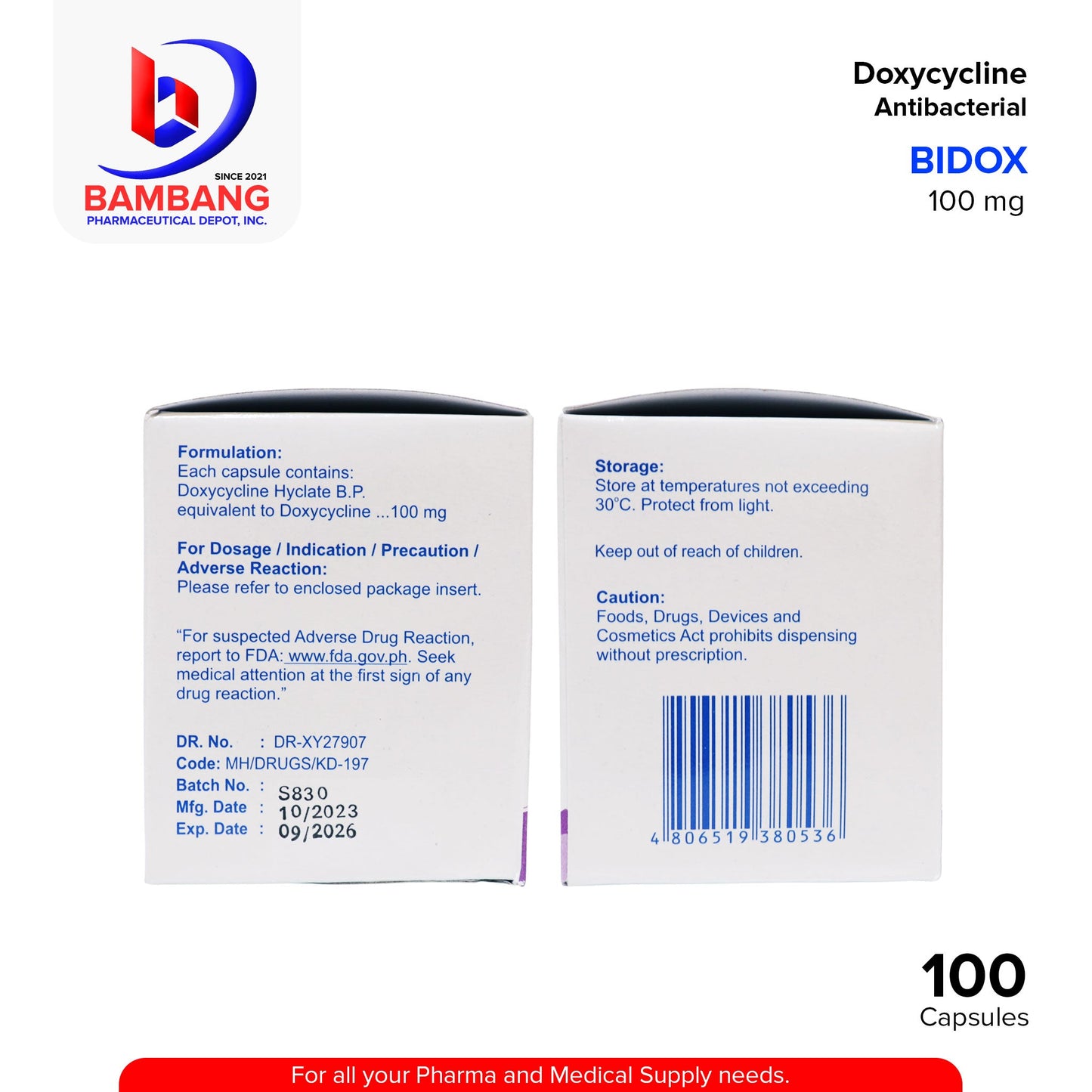 BIDOX Doxycyline Antibacterial 100 mg Capsule 100's