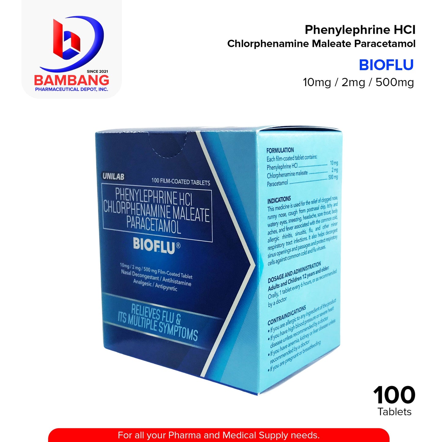 BIOFLU Phenylephrine HCI Chlorphenamine Maleate Paracetamol 10mg/2mg/500mg Film Coated Tablet 100's