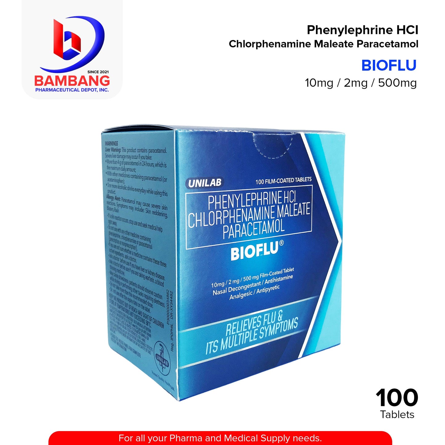 BIOFLU Phenylephrine HCI Chlorphenamine Maleate Paracetamol 10mg/2mg/500mg Film Coated Tablet 100's