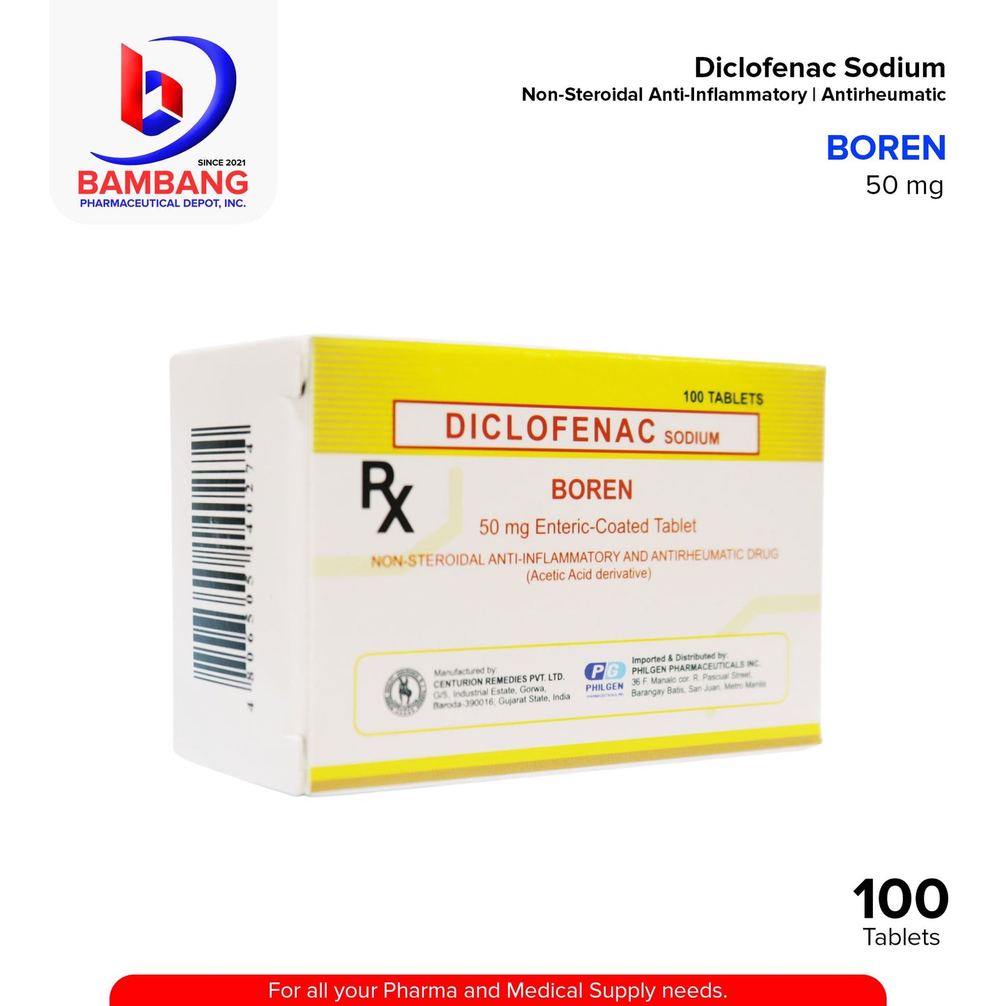 BOREN Diclofenac Sodium Non-Steroidal Anti-Inflammatory Antirheumatic 50mg Tablet 100's