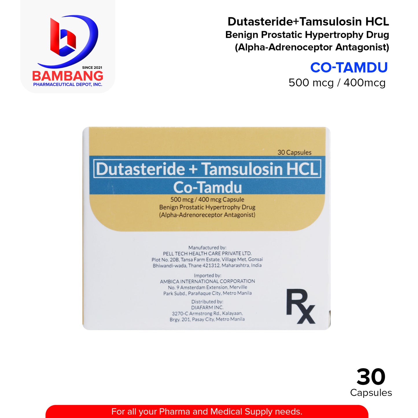 CO-TAMDU Dutasteride + Tamsulosin HCI 500mcg / 400mcg Capsule 30's