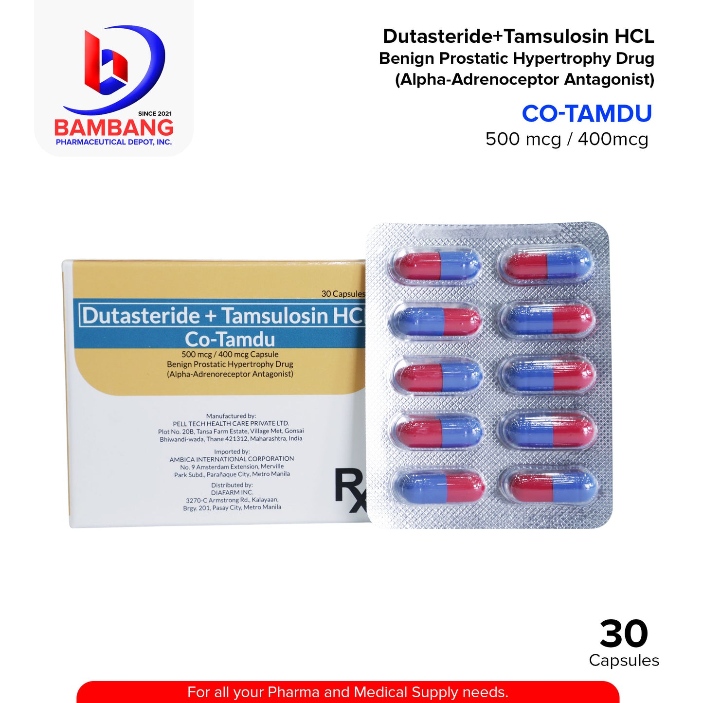 CO-TAMDU Dutasteride + Tamsulosin HCI 500mcg / 400mcg Capsule 30's