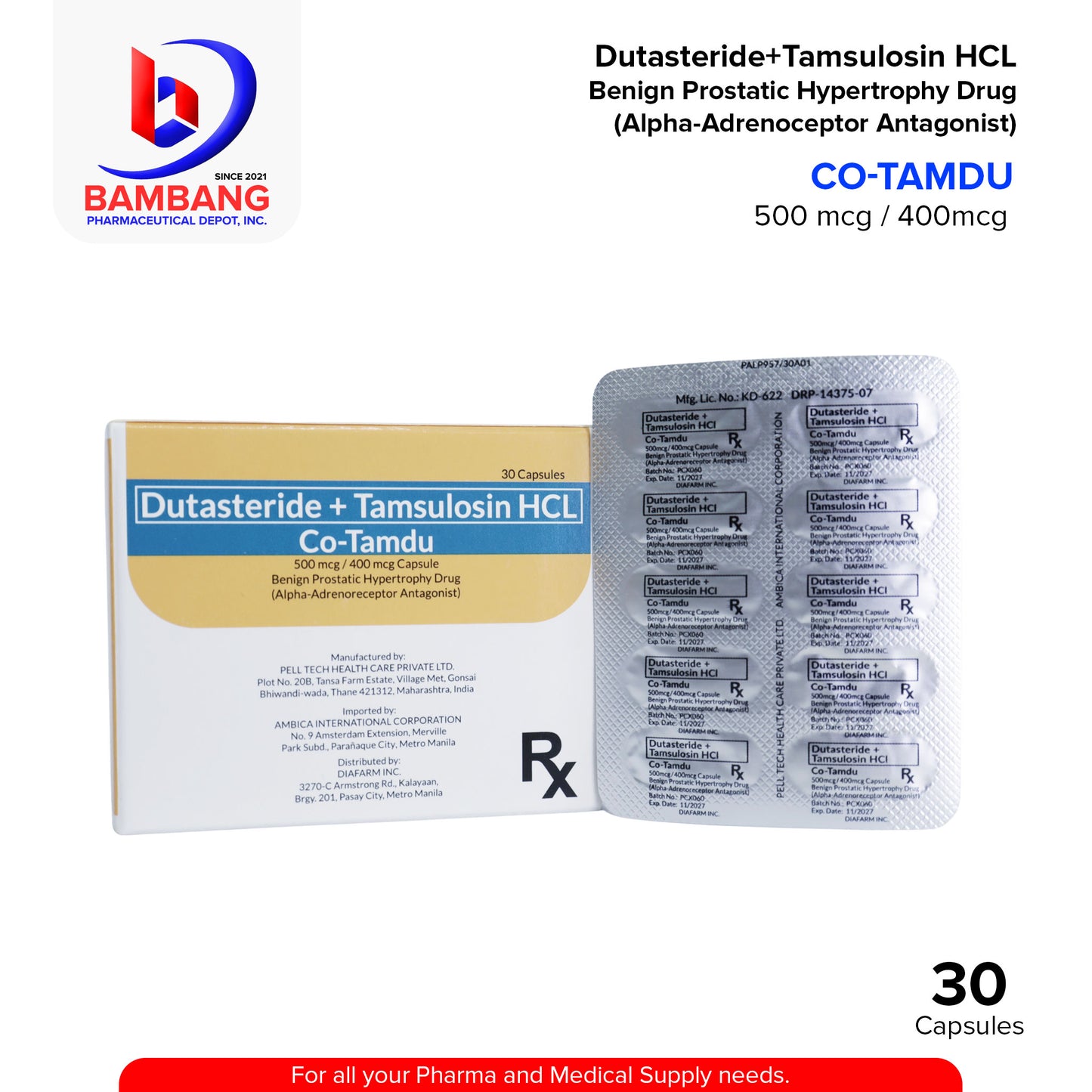 CO-TAMDU Dutasteride + Tamsulosin HCI 500mcg / 400mcg Capsule 30's
