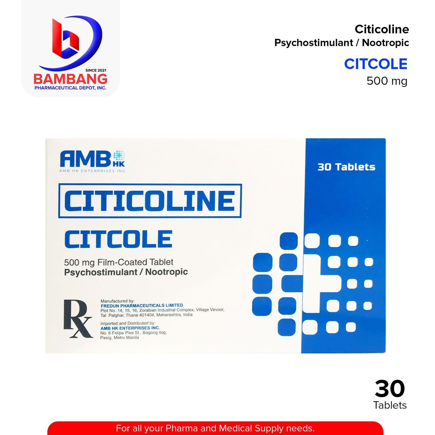 CITCOLE Citicoline Psychostimulant / Nootropic 500mg Tablet 30's