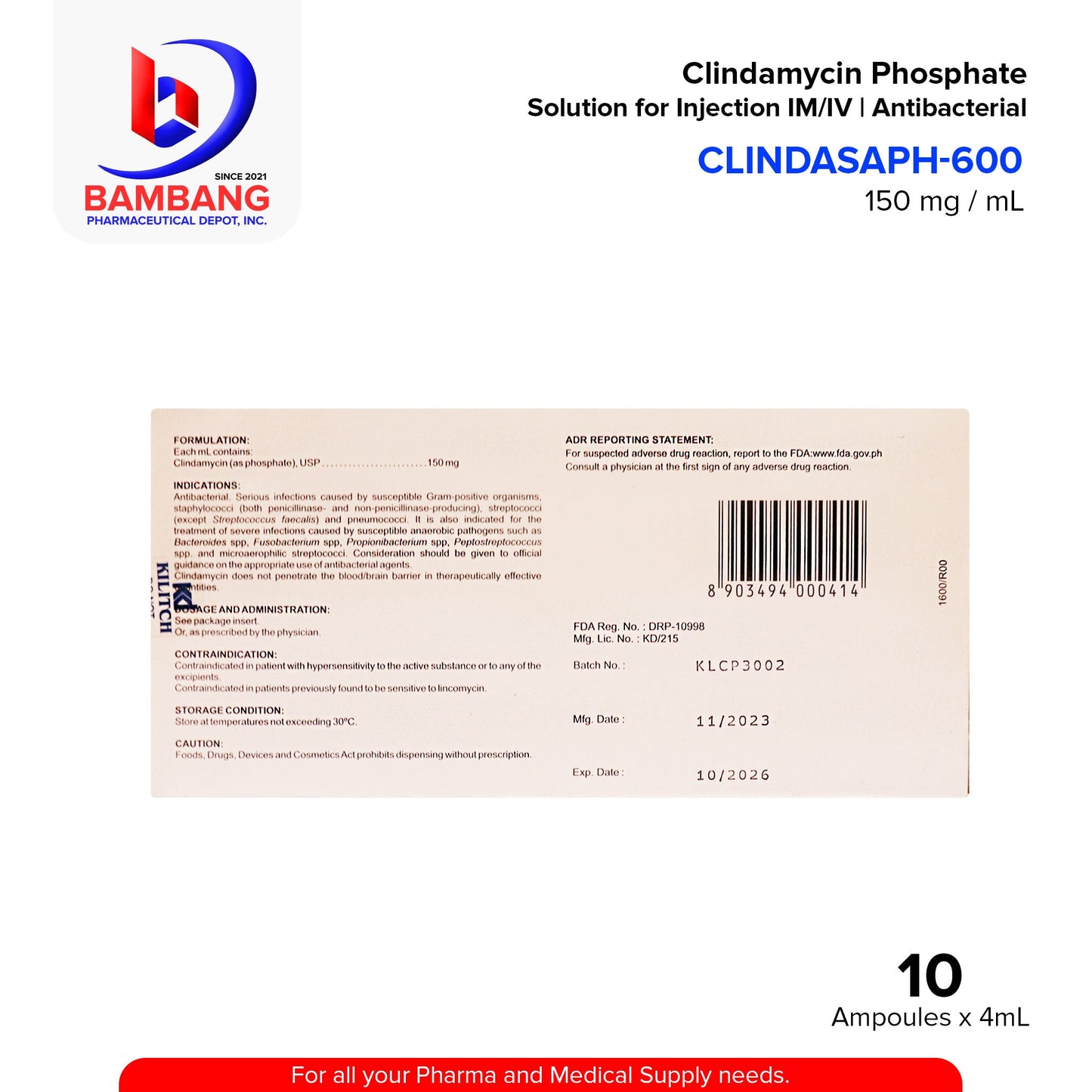 CLINDASAPH-600 Clindamycin 150mg Capsule Solution for Injection Antibacterial Ampoules 10's
