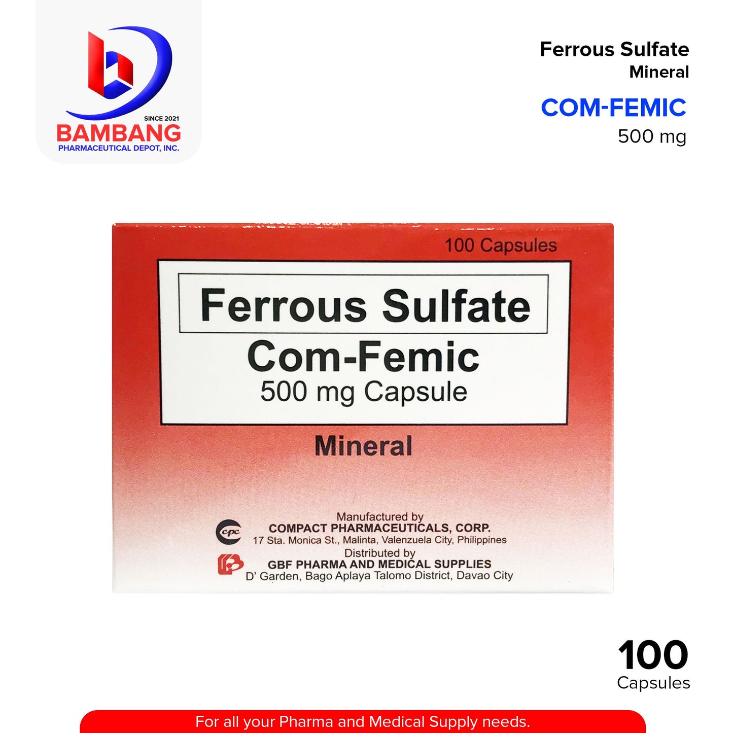 COM-FEMIC Ferrous Sulfate Mineral 500 mg Capsule 100's